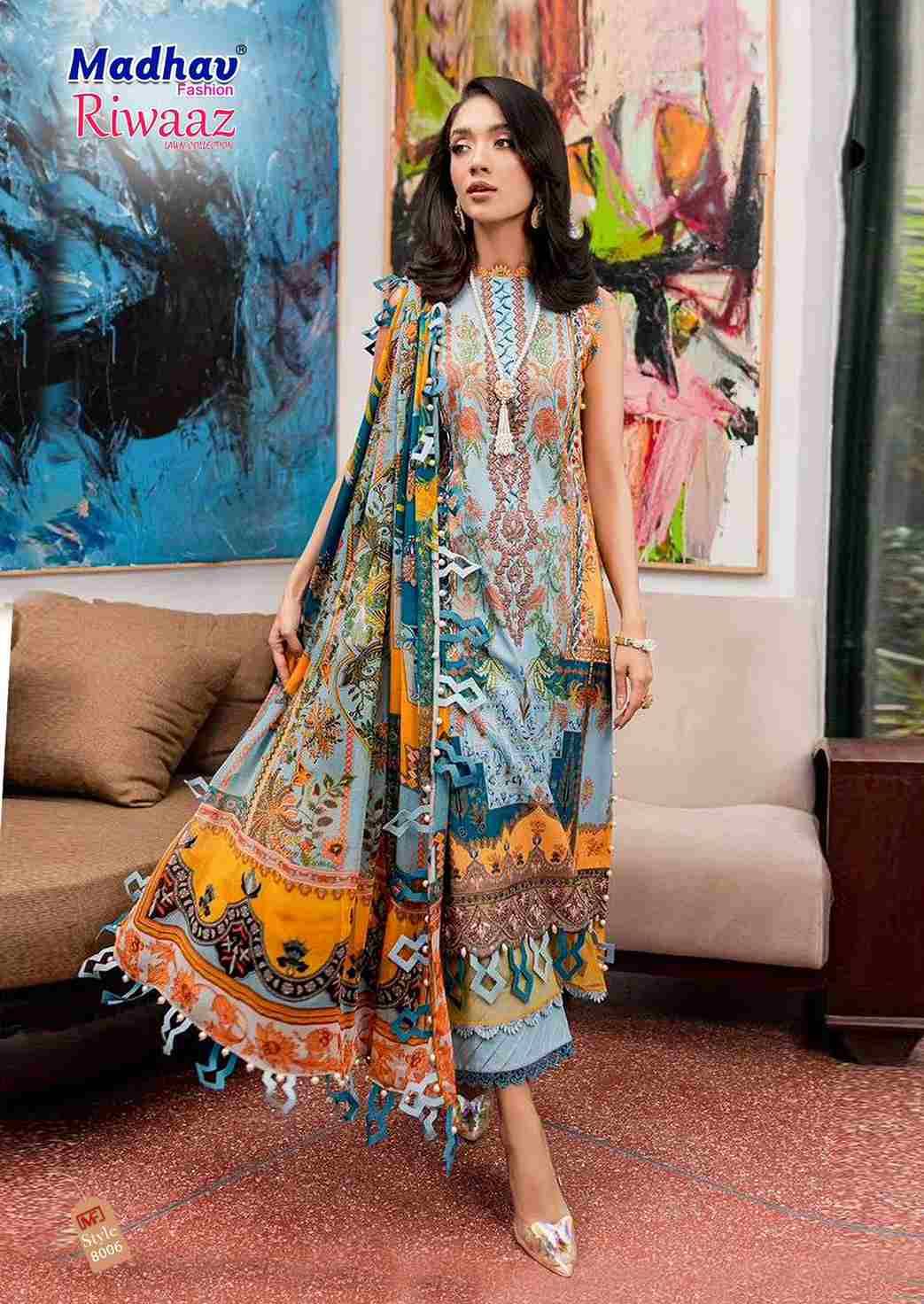 Riwaaz Vol-8 By Madhav Fashion 8001 To 8006 Series Beautiful Stylish Suits Fancy Colorful Casual Wear & Ethnic Wear & Ready To Wear Pure Lawn Cotton Dresses At Wholesale Price