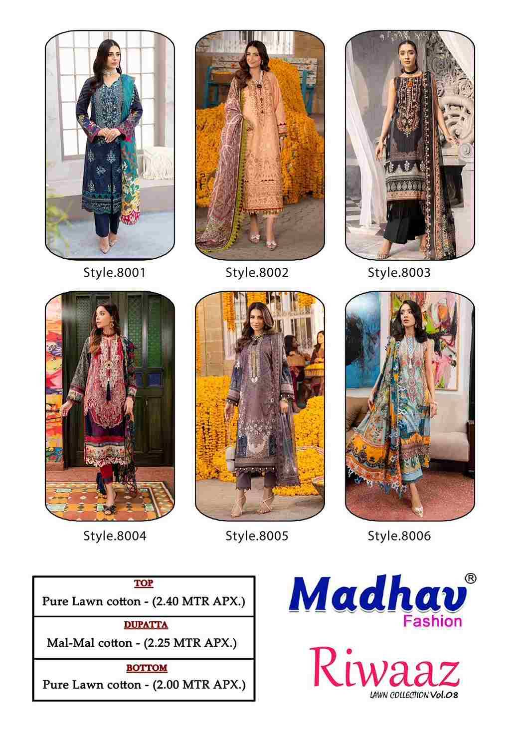 Riwaaz Vol-8 By Madhav Fashion 8001 To 8006 Series Beautiful Stylish Suits Fancy Colorful Casual Wear & Ethnic Wear & Ready To Wear Pure Lawn Cotton Dresses At Wholesale Price