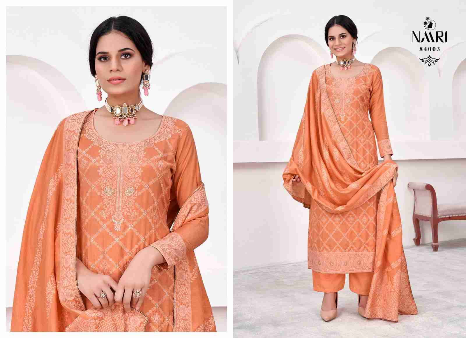 Samaa By Naari 84001 To 84004 Series Beautiful Stylish Festive Suits Fancy Colorful Casual Wear & Ethnic Wear & Ready To Wear Pure Muslin Jacquard Print Dresses At Wholesale Price