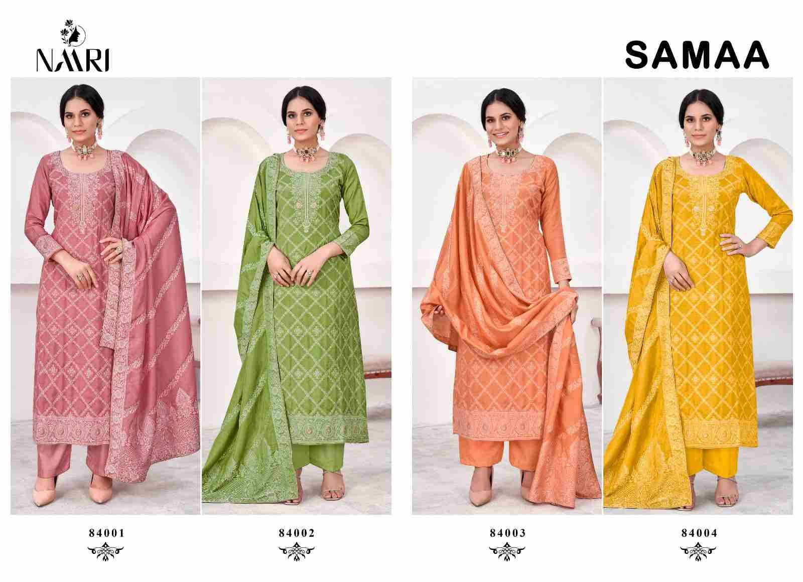 Samaa By Naari 84001 To 84004 Series Beautiful Stylish Festive Suits Fancy Colorful Casual Wear & Ethnic Wear & Ready To Wear Pure Muslin Jacquard Print Dresses At Wholesale Price