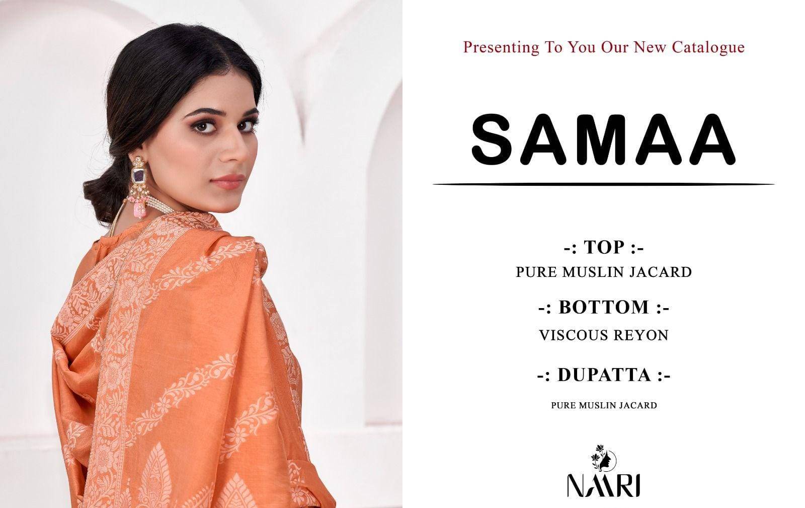 Samaa By Naari 84001 To 84004 Series Beautiful Stylish Festive Suits Fancy Colorful Casual Wear & Ethnic Wear & Ready To Wear Pure Muslin Jacquard Print Dresses At Wholesale Price