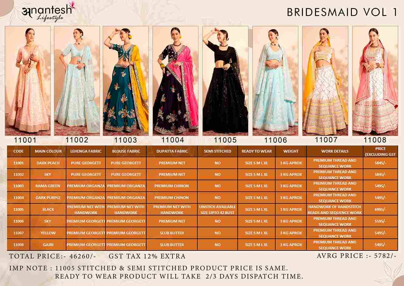 Bridesmaid Vol-1 By Anantesh 11001 To 11008 Series Beautiful Colorful Fancy Wedding Collection Occasional Wear & Party Wear Pure Georgette/Organza/Net Lehengas At Wholesale Price