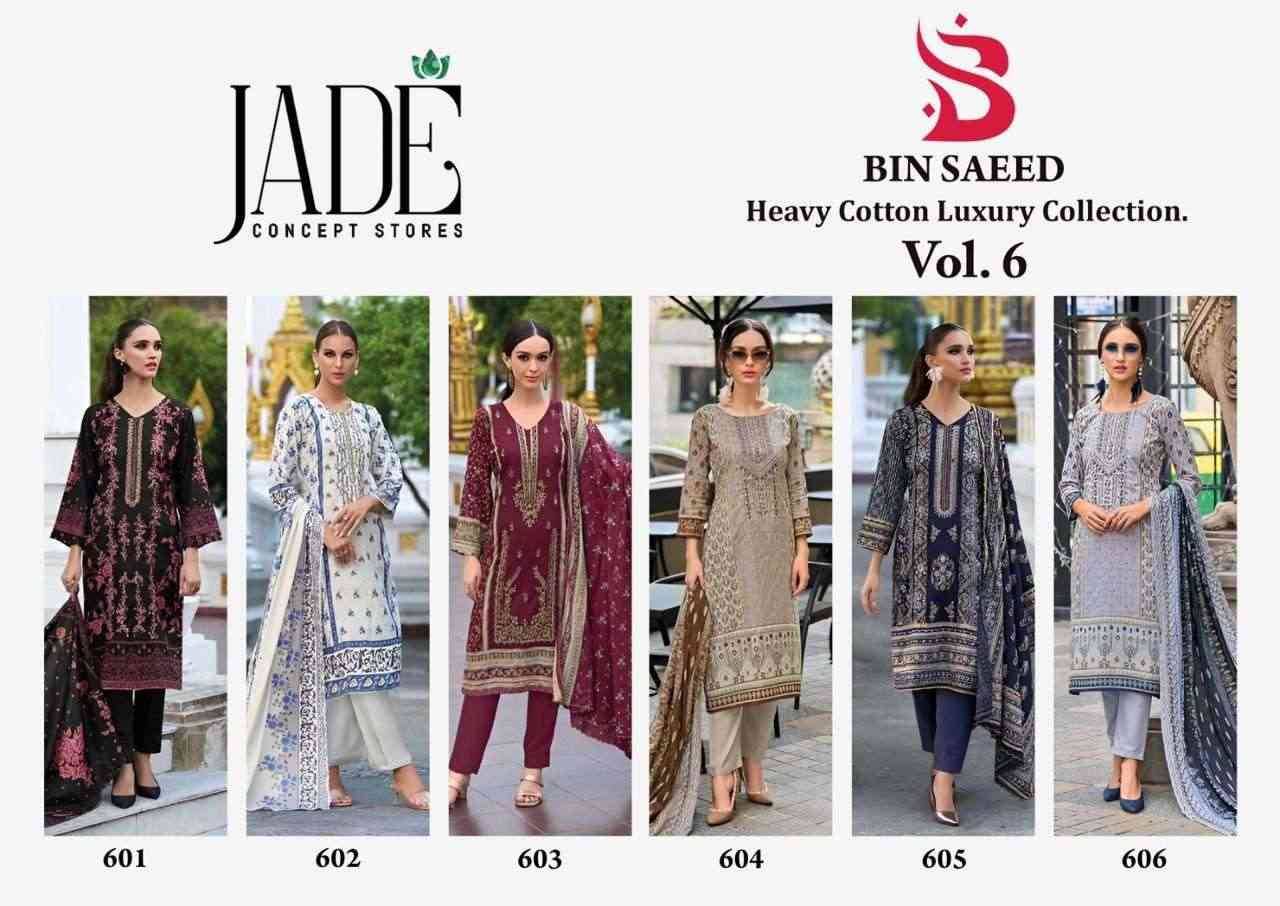 Bin Saeed Vol-6 By Jade 601 To 606 Series Beautiful Festive Suits Stylish Fancy Colorful Casual Wear & Ethnic Wear Pure Lawn Cotton Print Dresses At Wholesale Price