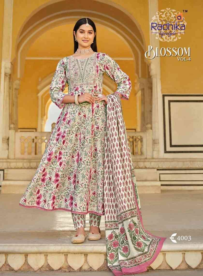 Blossom Vol-4 By Radhika Lifestyle 4001 To 4006 Series Beautiful Festive Suits Colorful Stylish Fancy Casual Wear & Ethnic Wear Cotton Print With Work Dresses At Wholesale Price