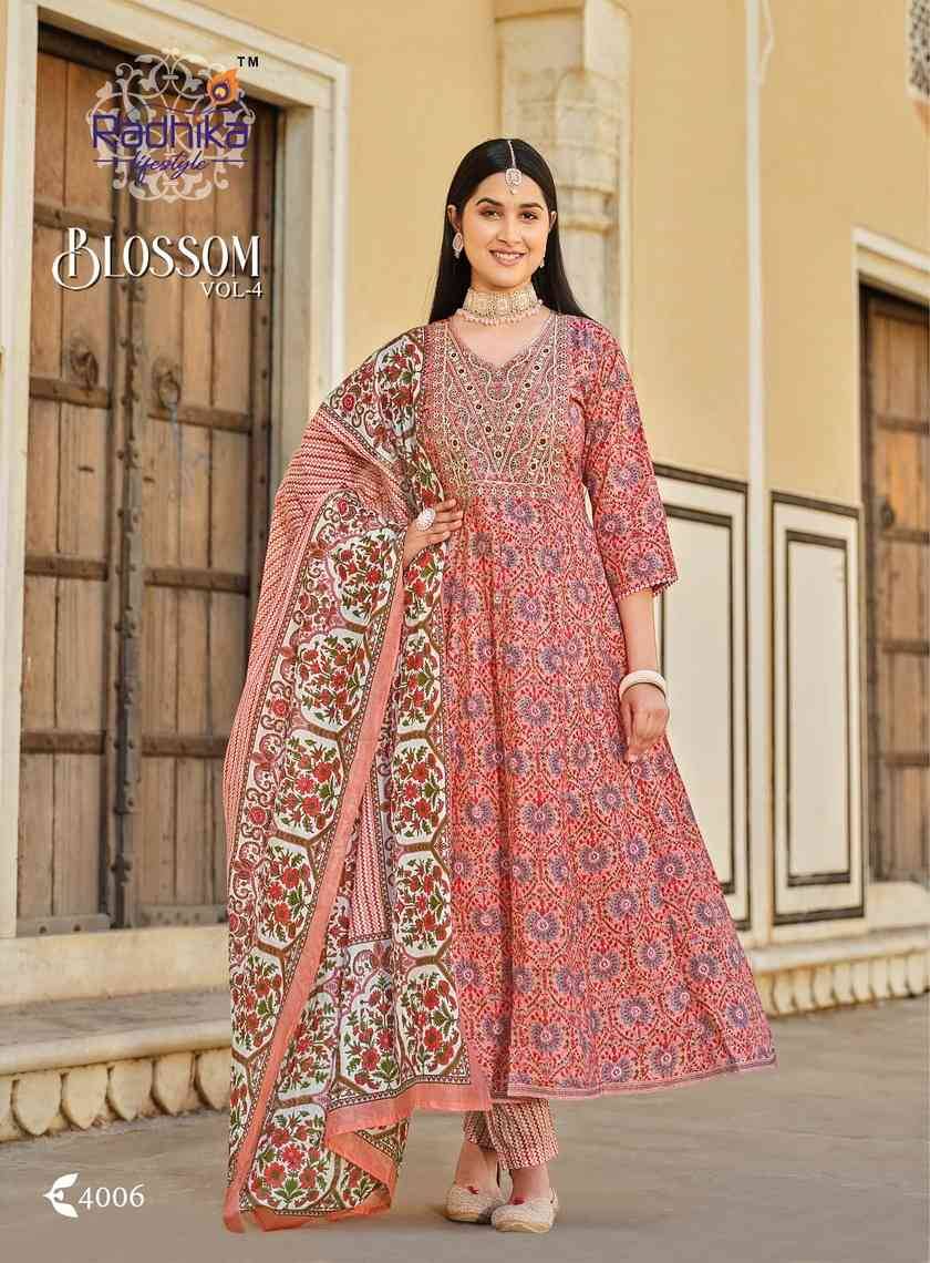 Blossom Vol-4 By Radhika Lifestyle 4001 To 4006 Series Beautiful Festive Suits Colorful Stylish Fancy Casual Wear & Ethnic Wear Cotton Print With Work Dresses At Wholesale Price