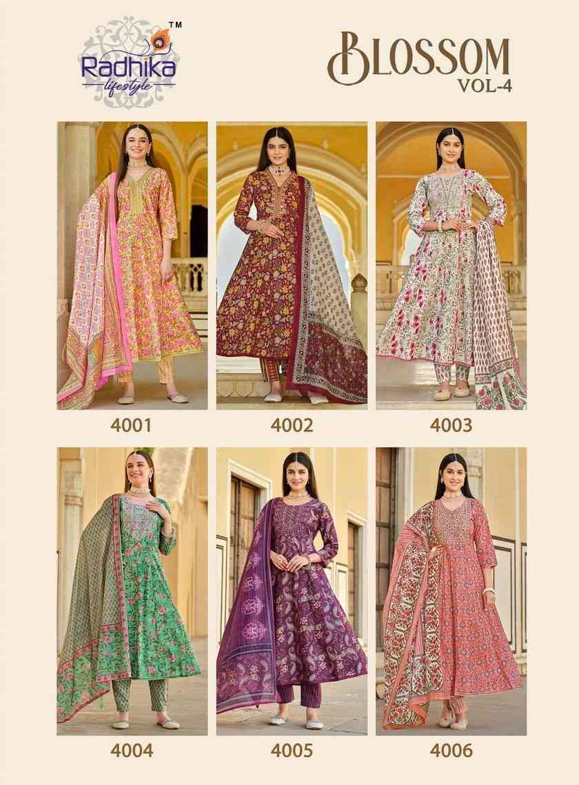 Blossom Vol-4 By Radhika Lifestyle 4001 To 4006 Series Beautiful Festive Suits Colorful Stylish Fancy Casual Wear & Ethnic Wear Cotton Print With Work Dresses At Wholesale Price