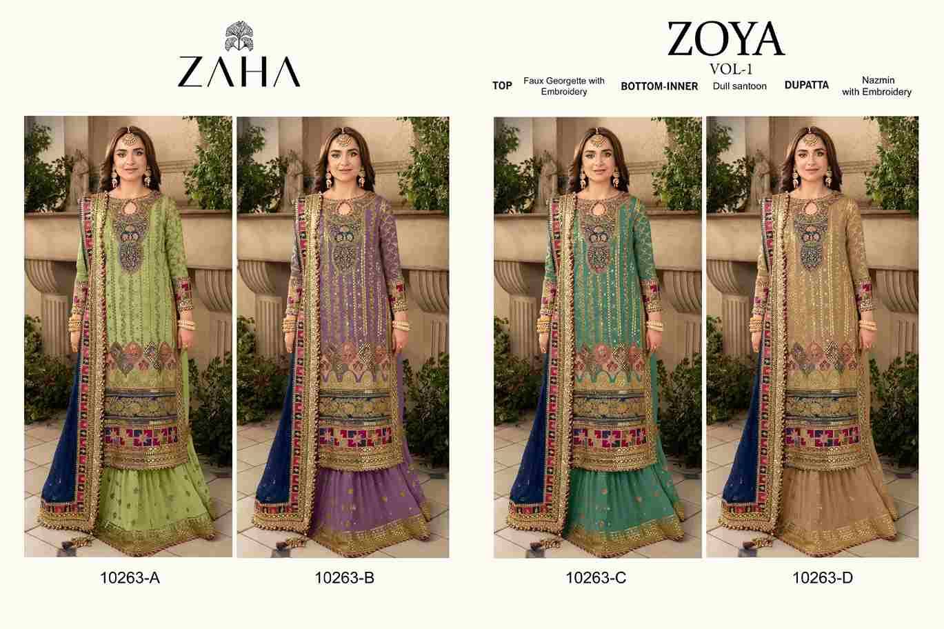 Zoya Vol -1 By Zaha 10263-A To 10263-D Series Beautiful Pakistani Suits Stylish Fancy Colorful Party Wear & Occasional Wear Faux Georgette With Embroidery Dresses At Wholesale Price