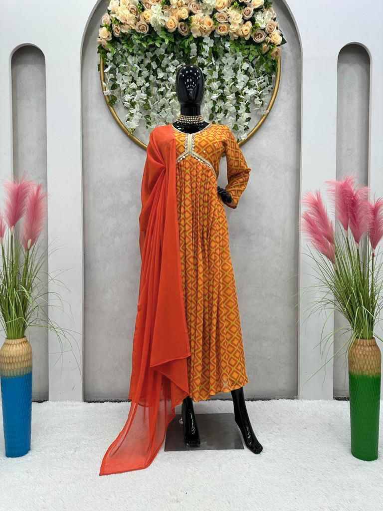 5627 By Fashid Wholesale Beautiful Stylish Fancy Colorful Casual Wear & Ethnic Wear Faux Georgette Gowns With Dupatta At Wholesale Price