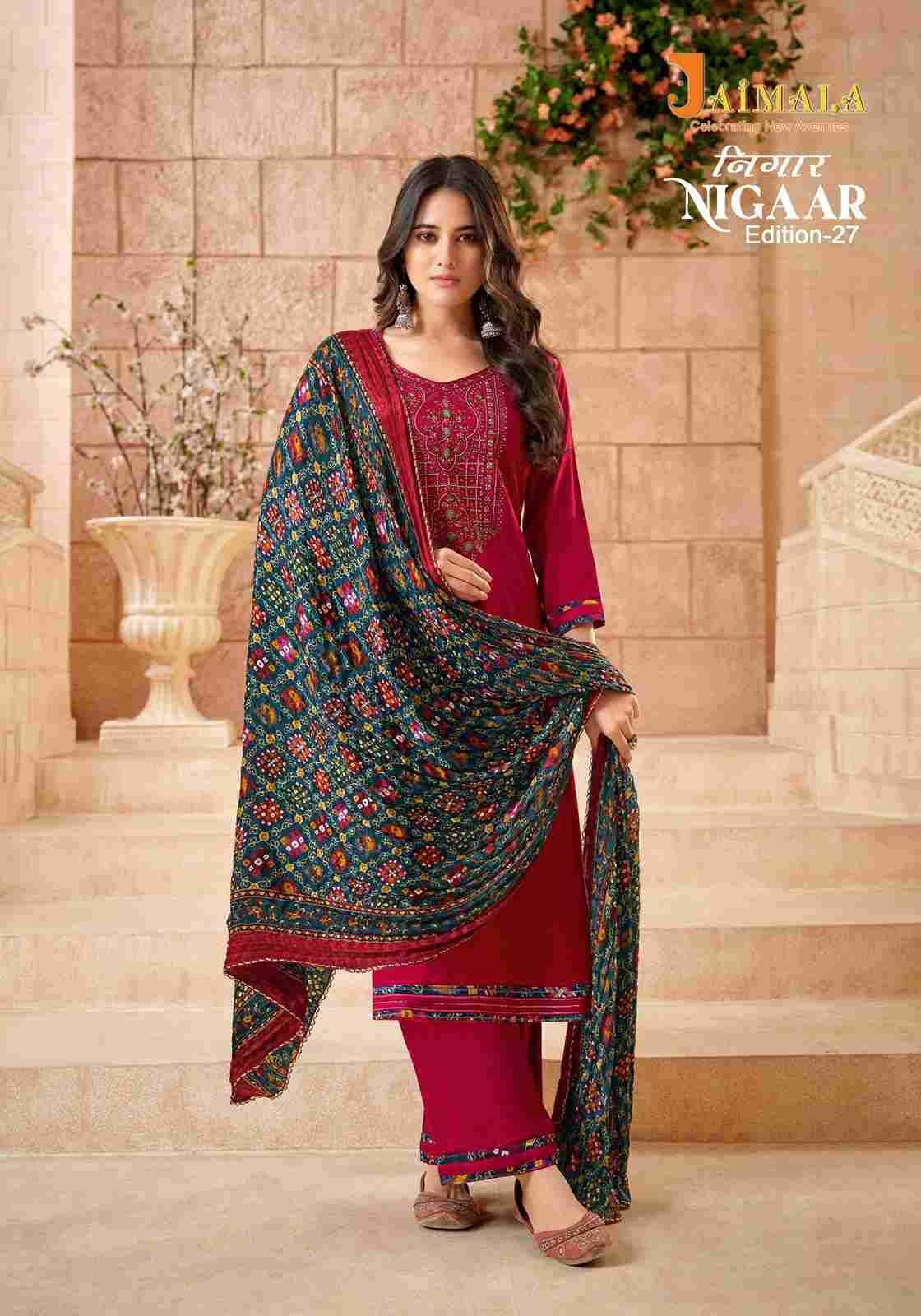 Nigaar Vol-27 By Jaimala 1506-001 To 1506-008 Series Beautiful Festive Suits Colorful Stylish Fancy Casual Wear & Ethnic Wear Pure Rayon Slub With Work Dresses At Wholesale Price