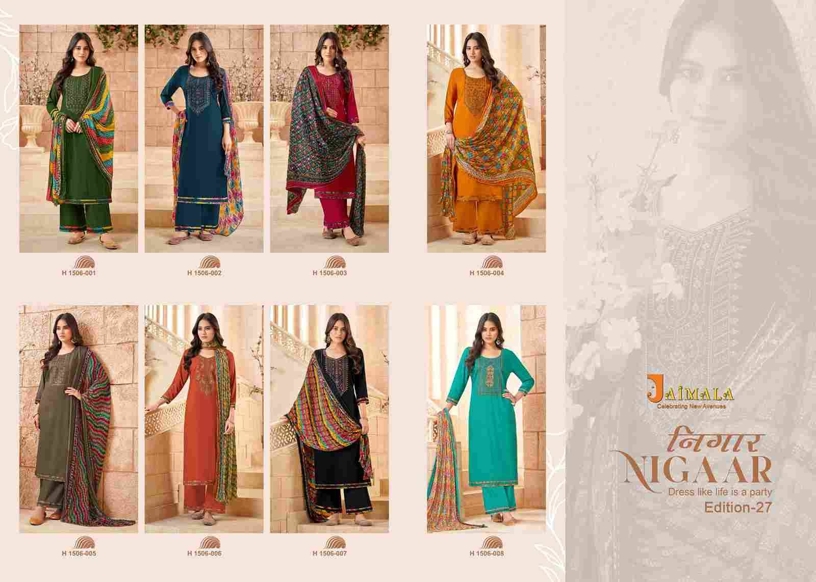 Nigaar Vol-27 By Jaimala 1506-001 To 1506-008 Series Beautiful Festive Suits Colorful Stylish Fancy Casual Wear & Ethnic Wear Pure Rayon Slub With Work Dresses At Wholesale Price