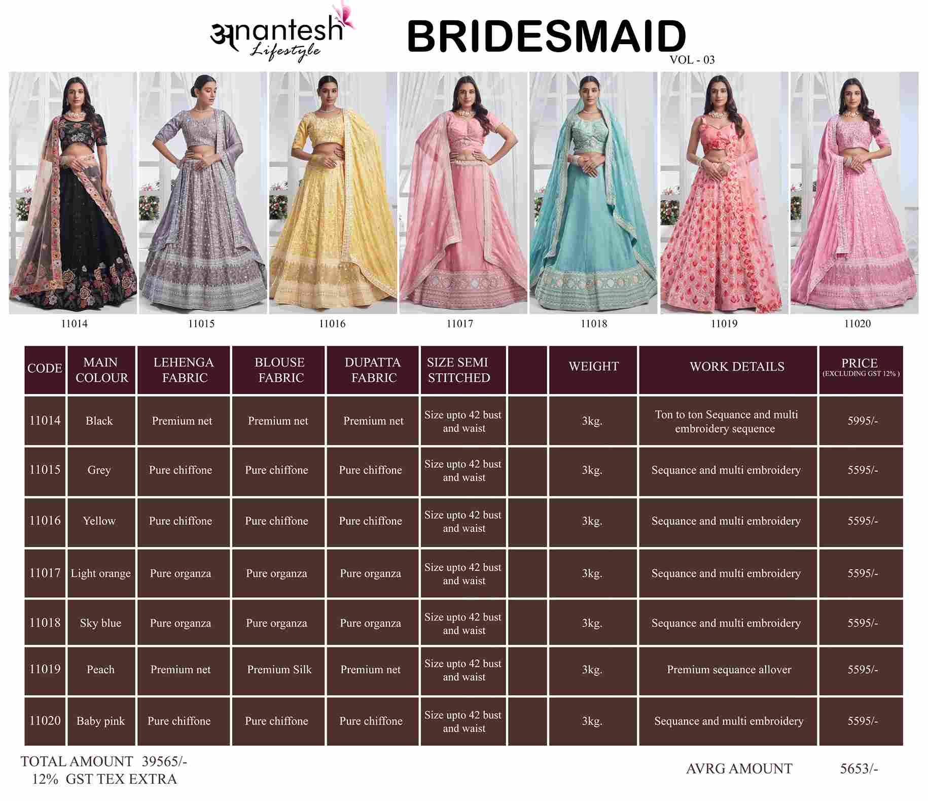 Bridesmaid Vol-3 By Anantesh 11014 To 11020 Series Beautiful Colorful Fancy Wedding Collection Occasional Wear & Party Wear Net/Chiffon/Organza Lehengas At Wholesale Price