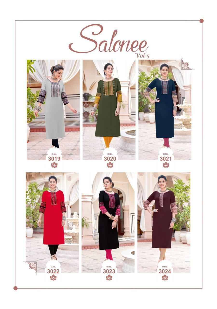 Salonee Vol-5 By Wooglee 3019 To 3024 Series Designer Stylish Fancy Colorful Beautiful Party Wear & Ethnic Wear Collection Rayon With Work Kurtis At Wholesale Price