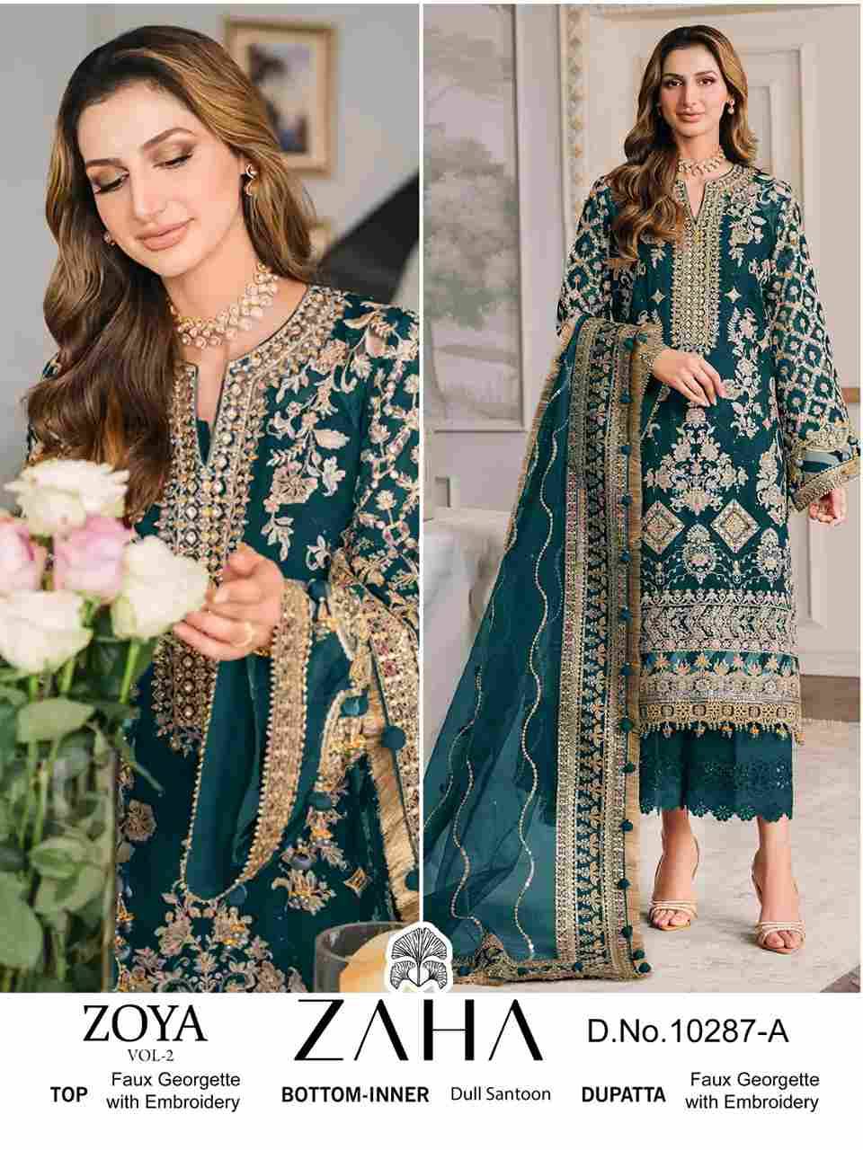 Zoya Vol -2 By Zaha 10287-A To 10287-D Series Beautiful Pakistani Suits Stylish Fancy Colorful Party Wear & Occasional Wear Faux Georgette With Embroidery Dresses At Wholesale Price