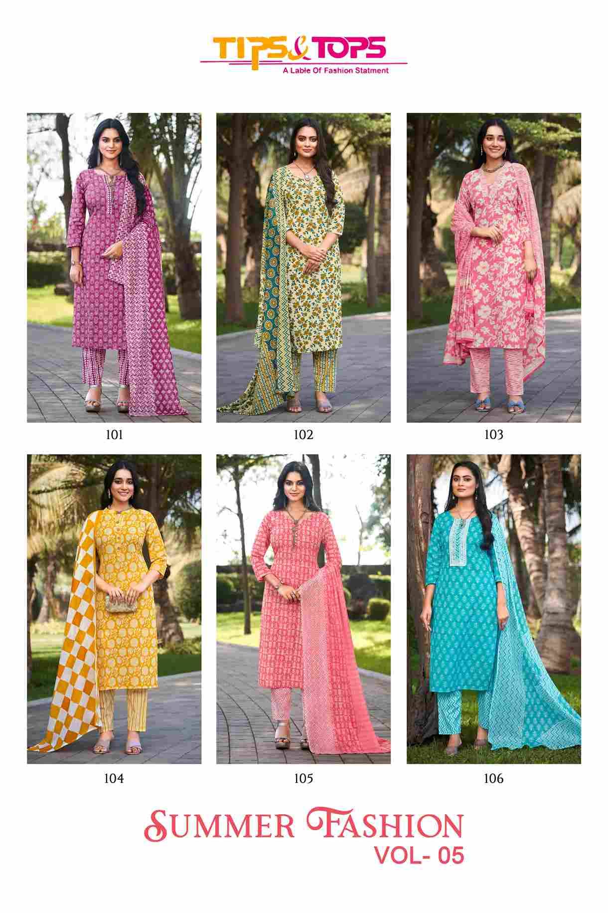 Summer Fashion Vol-5 By Tips And Tops 101 To 106 Series Designer Festive Suits Beautiful Fancy Colorful Stylish Party Wear & Occasional Wear Cotton Print Dresses At Wholesale Price