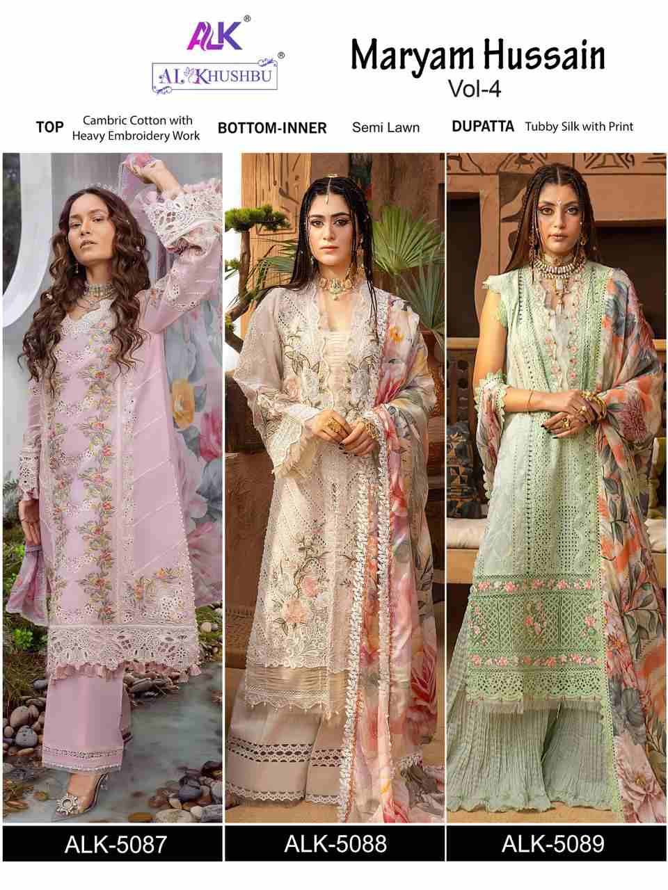 Maryam Hussain Vol-4 By Al Khushbu 5087 To 5089 Series Beautiful Pakistani Suits Colorful Stylish Fancy Casual Wear & Ethnic Wear Pure Cambric Cotton Embroidered Dresses At Wholesale Price