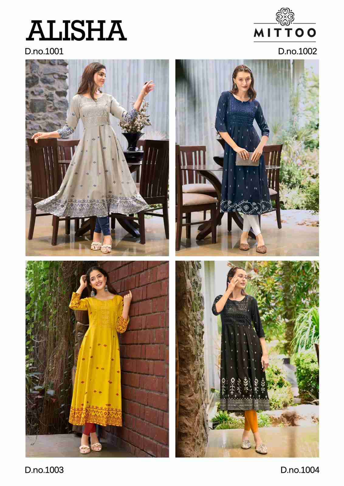 Alisha By Mittoo 1001 To 1004 Series Designer Stylish Fancy Colorful Beautiful Party Wear & Ethnic Wear Collection Rayon Foil Kurtis At Wholesale Price