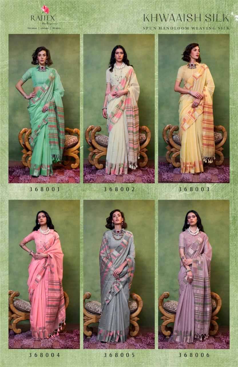 Khwaaish Silk By Raj Tex 368001 To 368006 Series Indian Traditional Wear Collection Beautiful Stylish Fancy Colorful Party Wear & Occasional Wear Mal Cotton Sarees At Wholesale Price