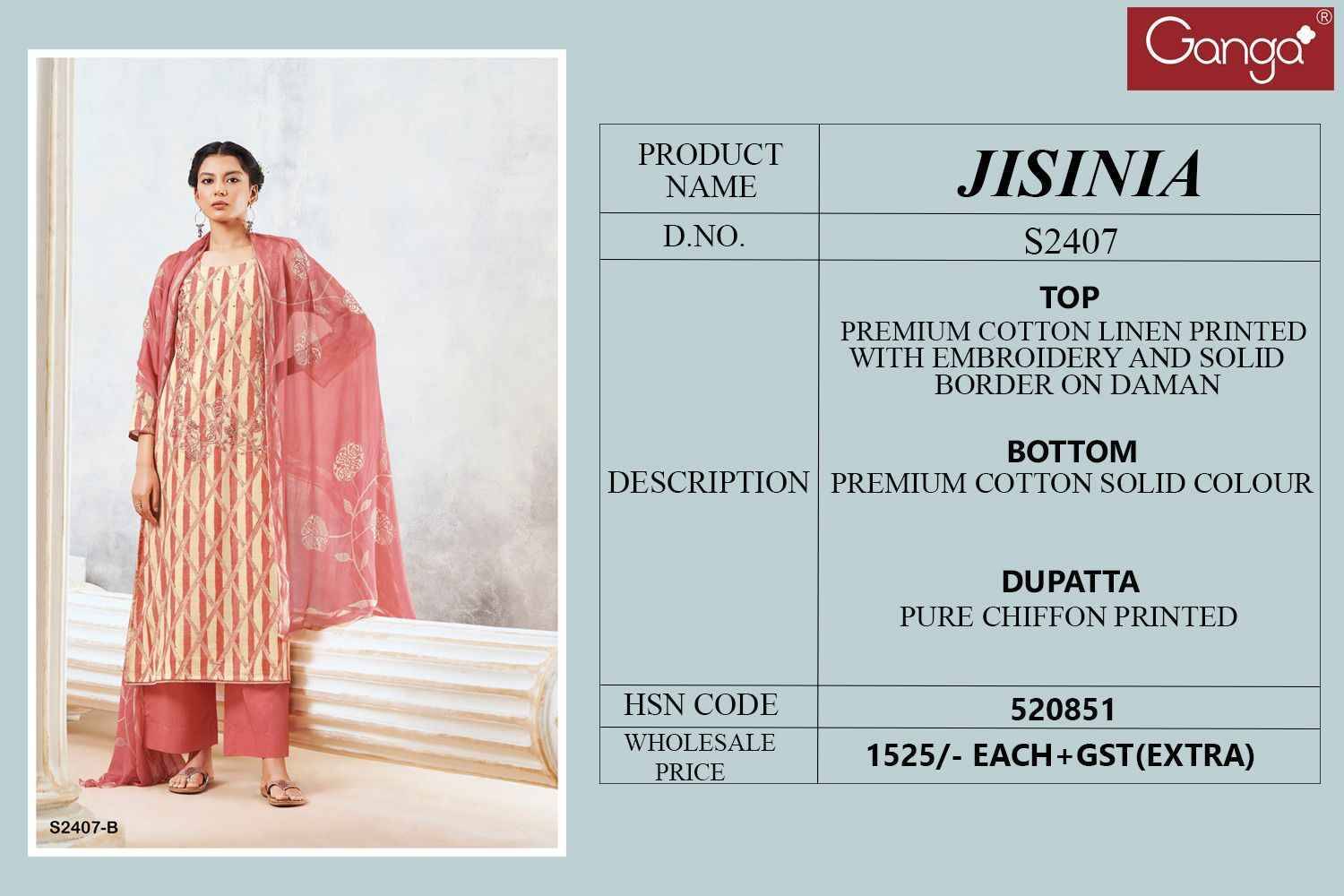 Jisinia-2407 By Ganga Fashion 2407-A To 2407-D Series Beautiful Festive Suits Colorful Stylish Fancy Casual Wear & Ethnic Wear Cotton Linen Dresses At Wholesale Price