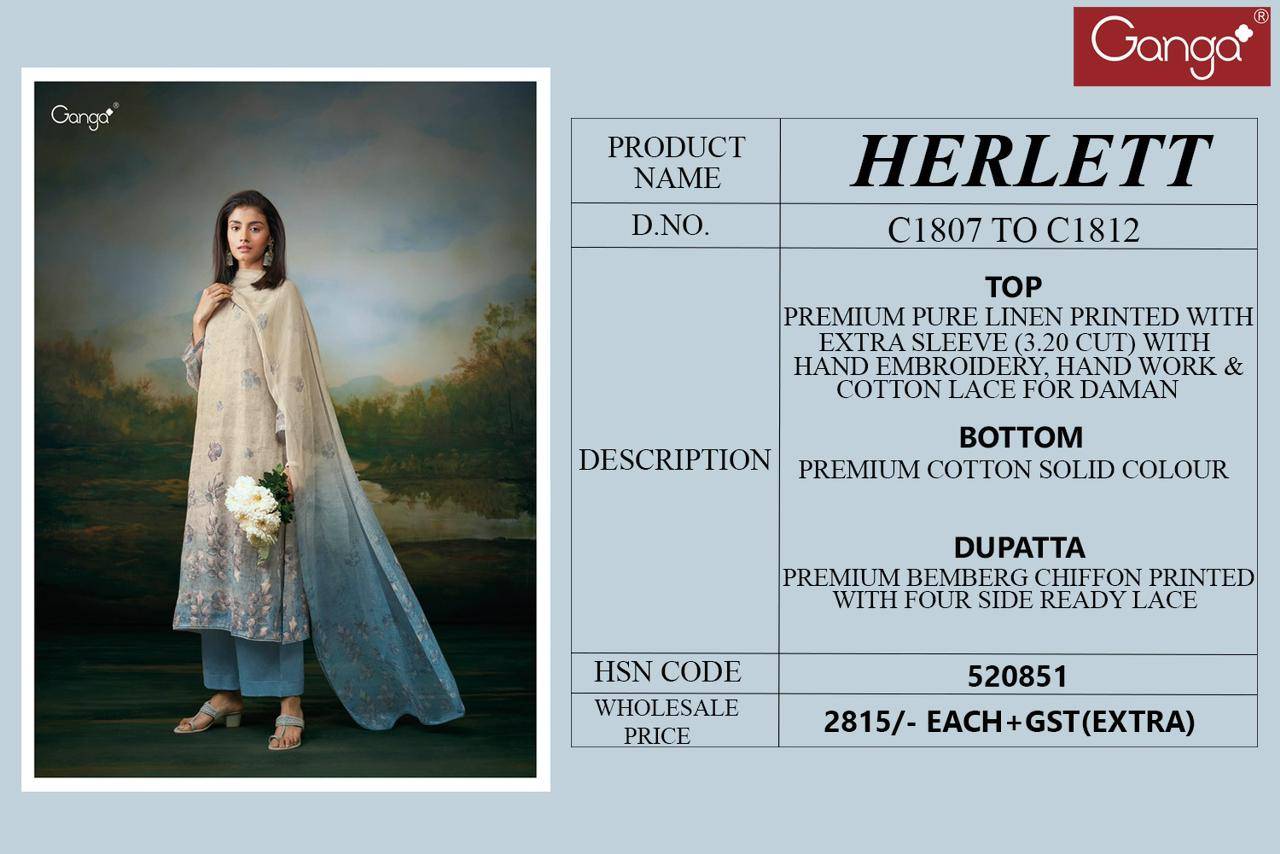 Herlett By Ganga Fashion 1807 To 1812 Series Beautiful Festive Suits Colorful Stylish Fancy Casual Wear & Ethnic Wear Pure Linen Dresses At Wholesale Price