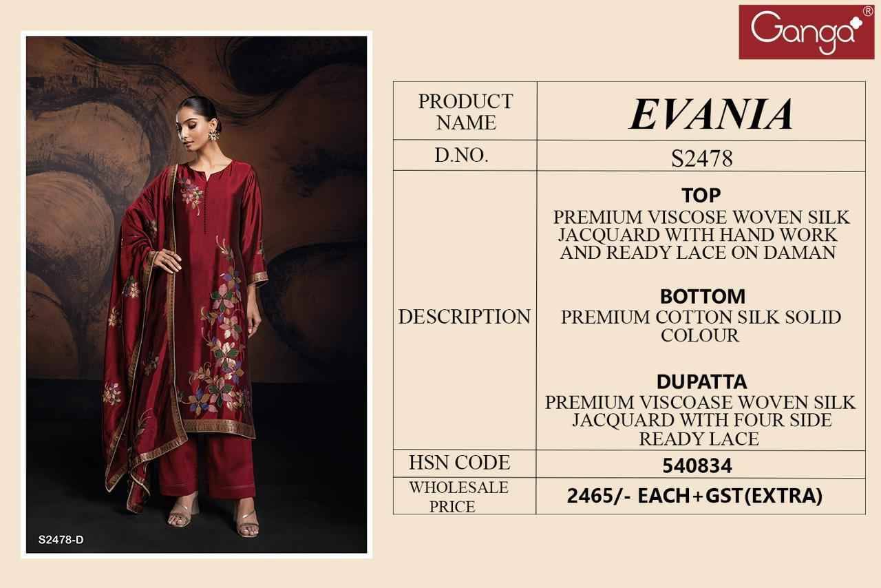 Evania-2478 By Ganga Fashion 2478-A To 2478-F Series Beautiful Festive Suits Colorful Stylish Fancy Casual Wear & Ethnic Wear Viscose Silk Dresses At Wholesale Price