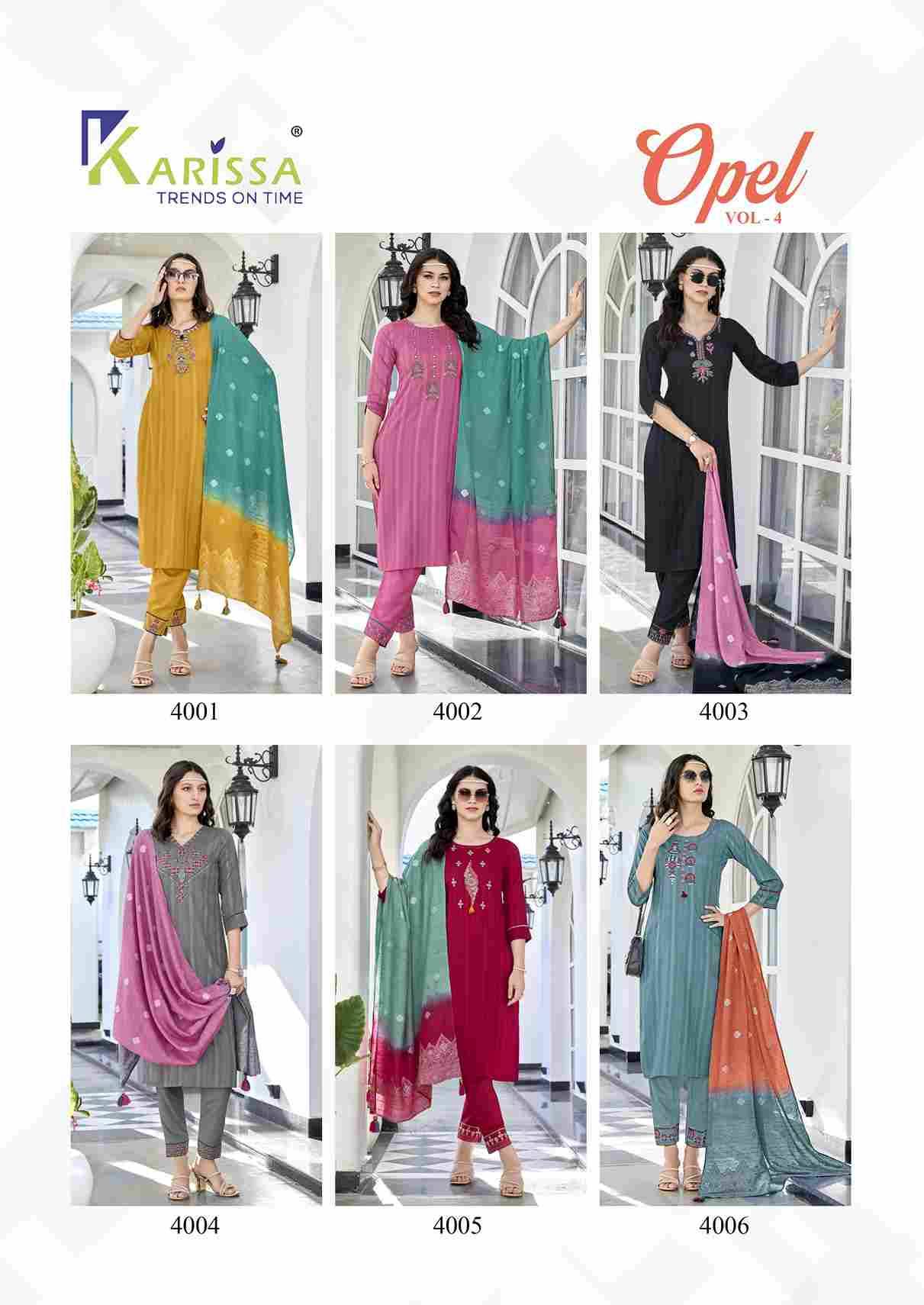 Opel Vol-4 By Karissa 4001 To 4006 Series Designer Festive Suits Collection Beautiful Stylish Fancy Colorful Party Wear & Occasional Wear Viscose Rayon Print Dresses At Wholesale Price