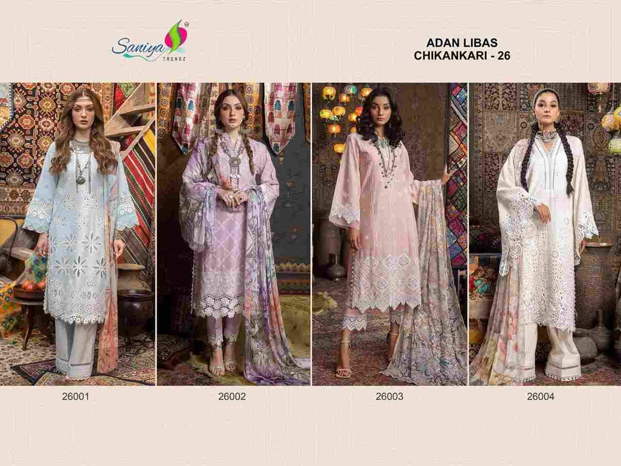 Adan Libas Chikankari Vol-26 By Saniya Trendz 26001 To 26004 Series Designer Pakistani Suits Beautiful Stylish Fancy Colorful Party Wear & Occasional Wear Pure Cotton Embroidered Dresses At Wholesale Price