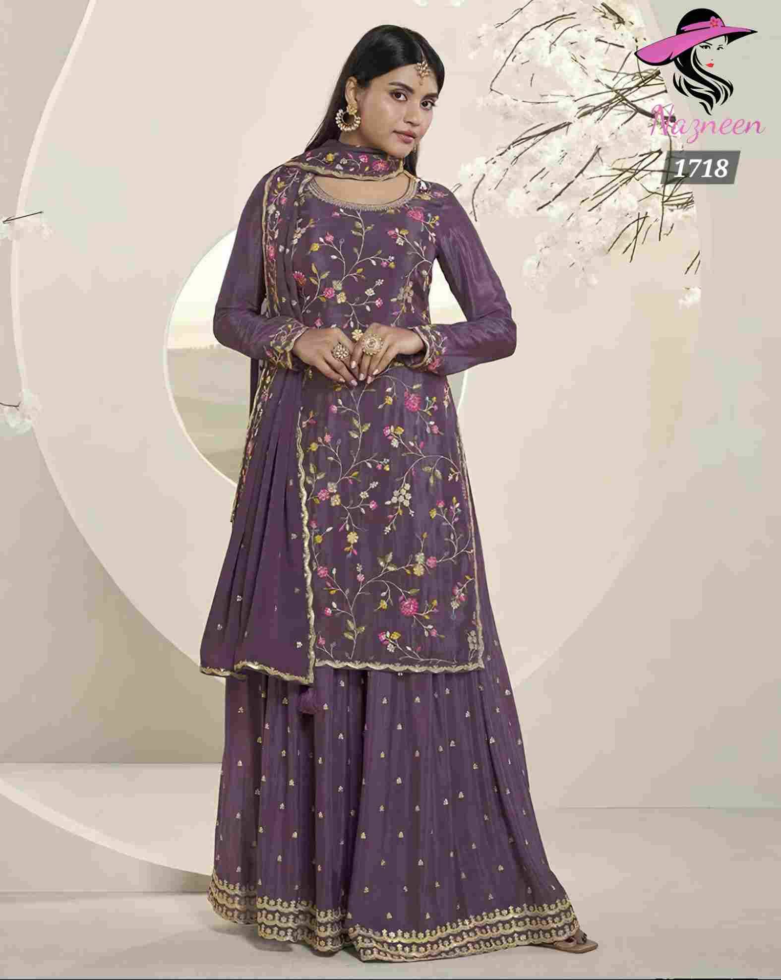 Samya By Nazneen 1718 To 1721 Series Beautiful Sharara Suits Colorful Stylish Fancy Casual Wear & Ethnic Wear Chinnon Dresses At Wholesale Price