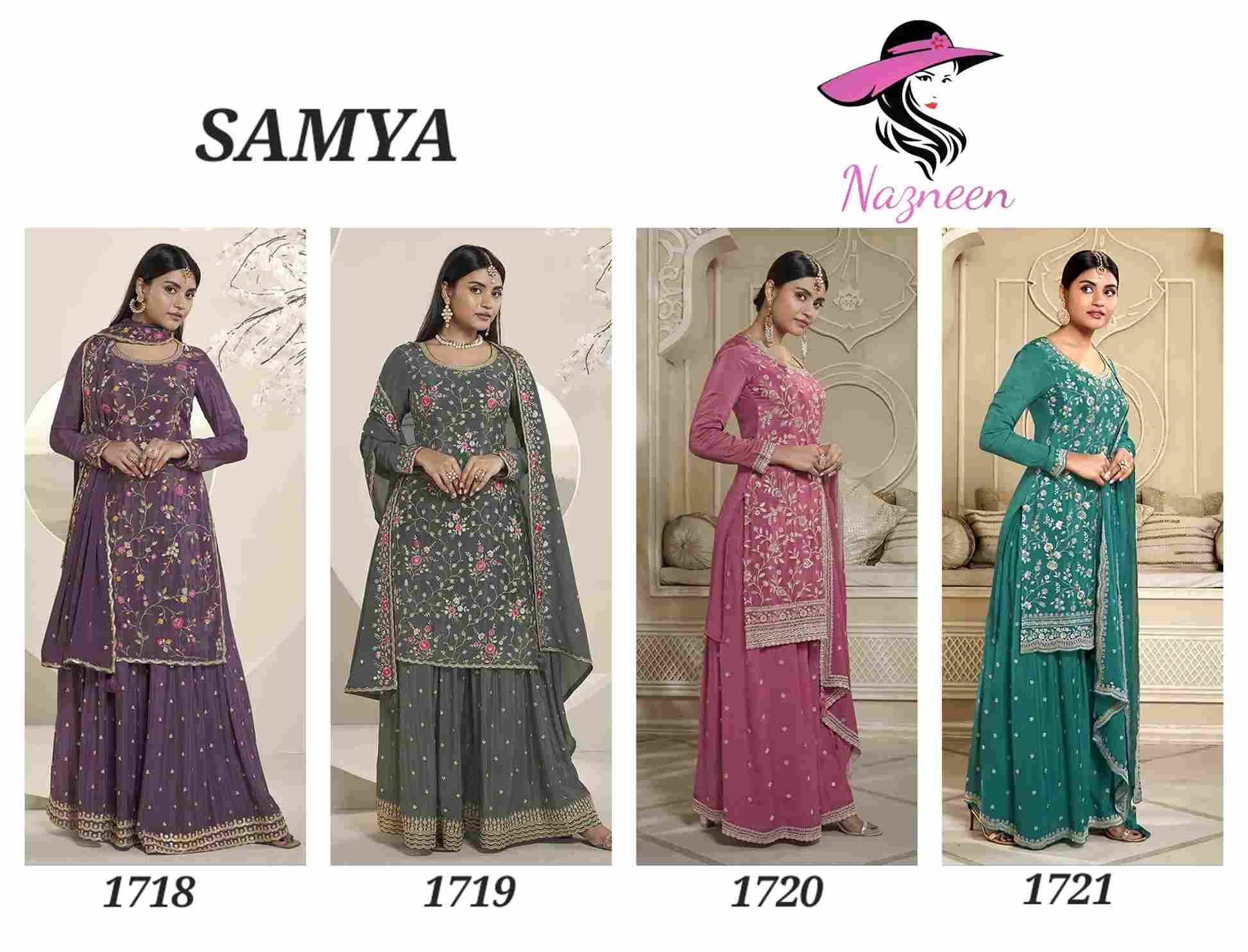 Samya By Nazneen 1718 To 1721 Series Beautiful Sharara Suits Colorful Stylish Fancy Casual Wear & Ethnic Wear Chinnon Dresses At Wholesale Price