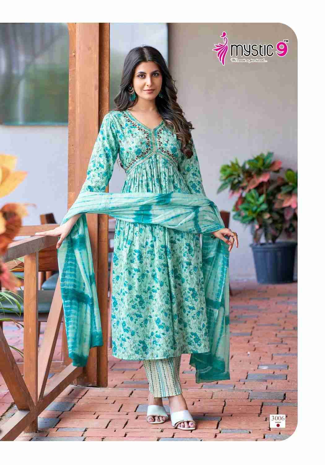 Heena Vol-3 By Mystic 9 3001 To 3008 Series Beautiful Suits Colorful Stylish Fancy Casual Wear & Ethnic Wear Rayon Print Dresses At Wholesale Price