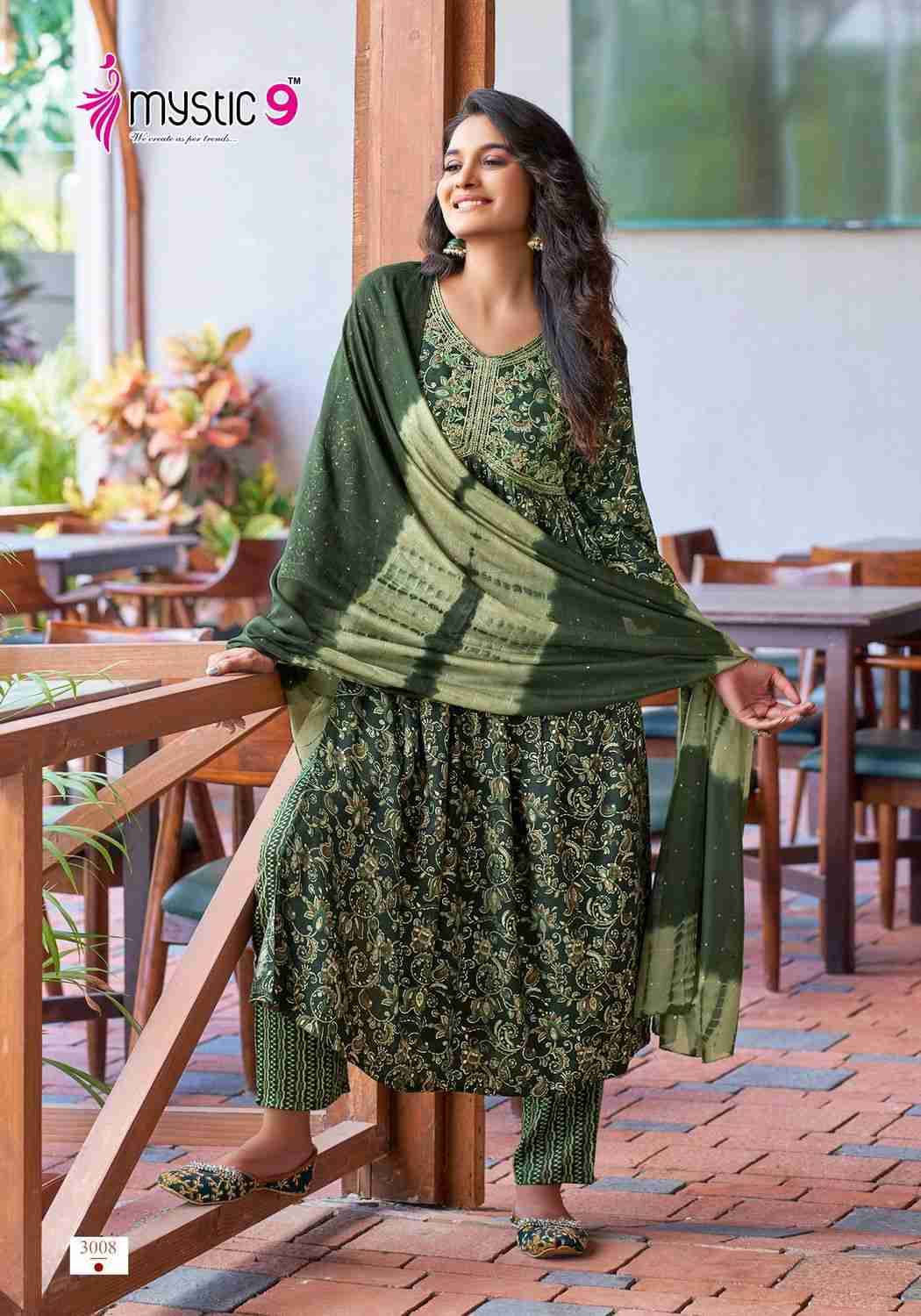 Heena Vol-3 By Mystic 9 3001 To 3008 Series Beautiful Suits Colorful Stylish Fancy Casual Wear & Ethnic Wear Rayon Print Dresses At Wholesale Price