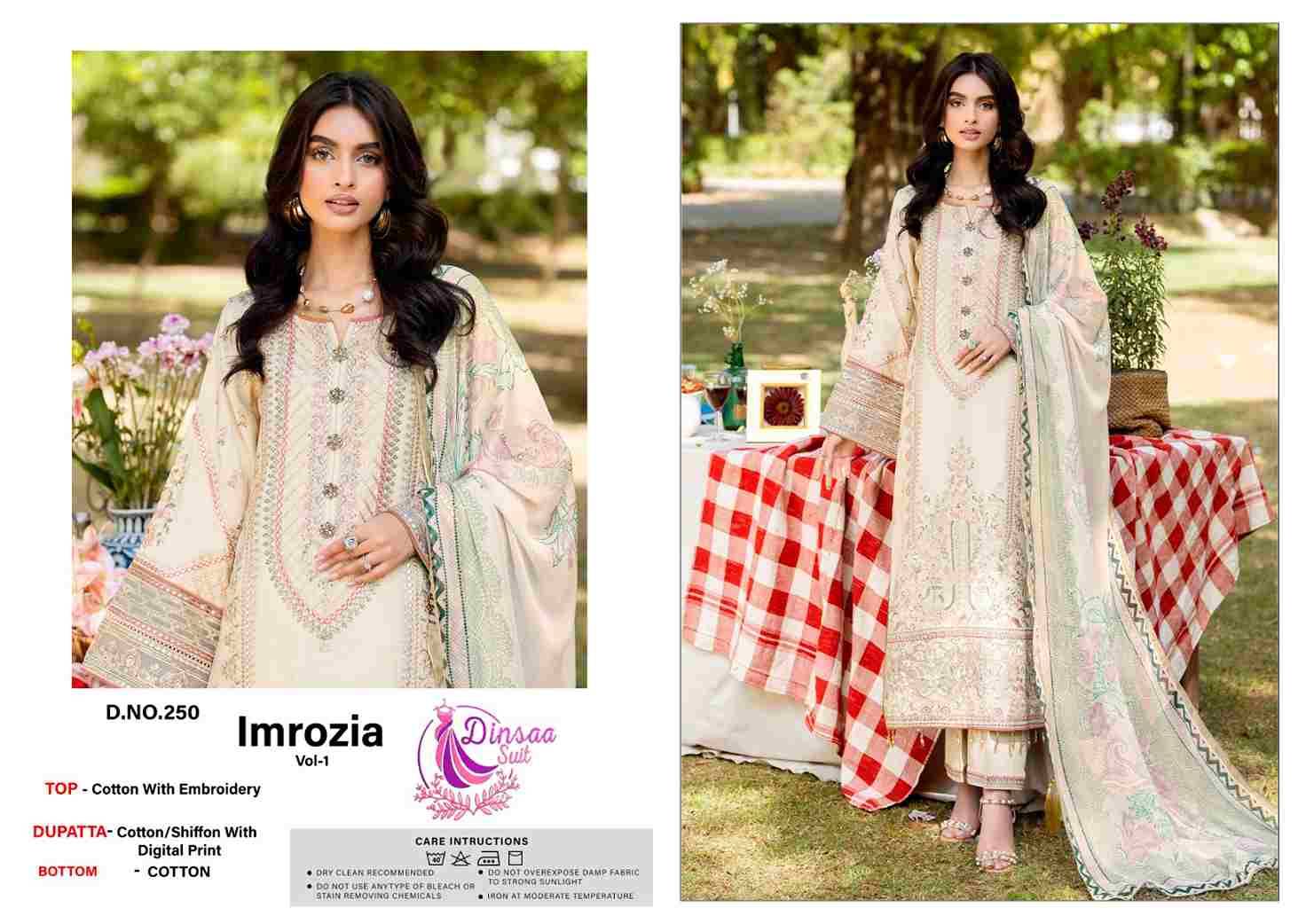 Imrozia Vol-1 By Dinsaa Suits 250 To 252 Series Beautiful Pakistani Suits Stylish Fancy Colorful Party Wear & Occasional Wear Cotton Embroidered Dresses At Wholesale Price