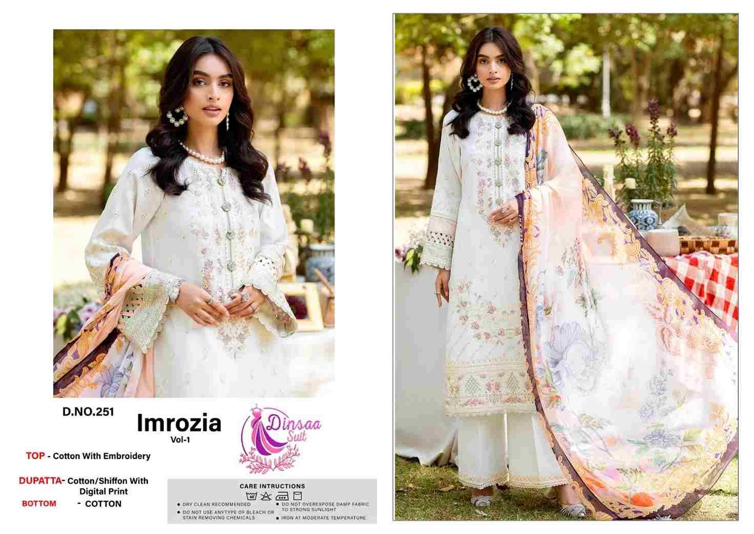 Imrozia Vol-1 By Dinsaa Suits 250 To 252 Series Beautiful Pakistani Suits Stylish Fancy Colorful Party Wear & Occasional Wear Cotton Embroidered Dresses At Wholesale Price