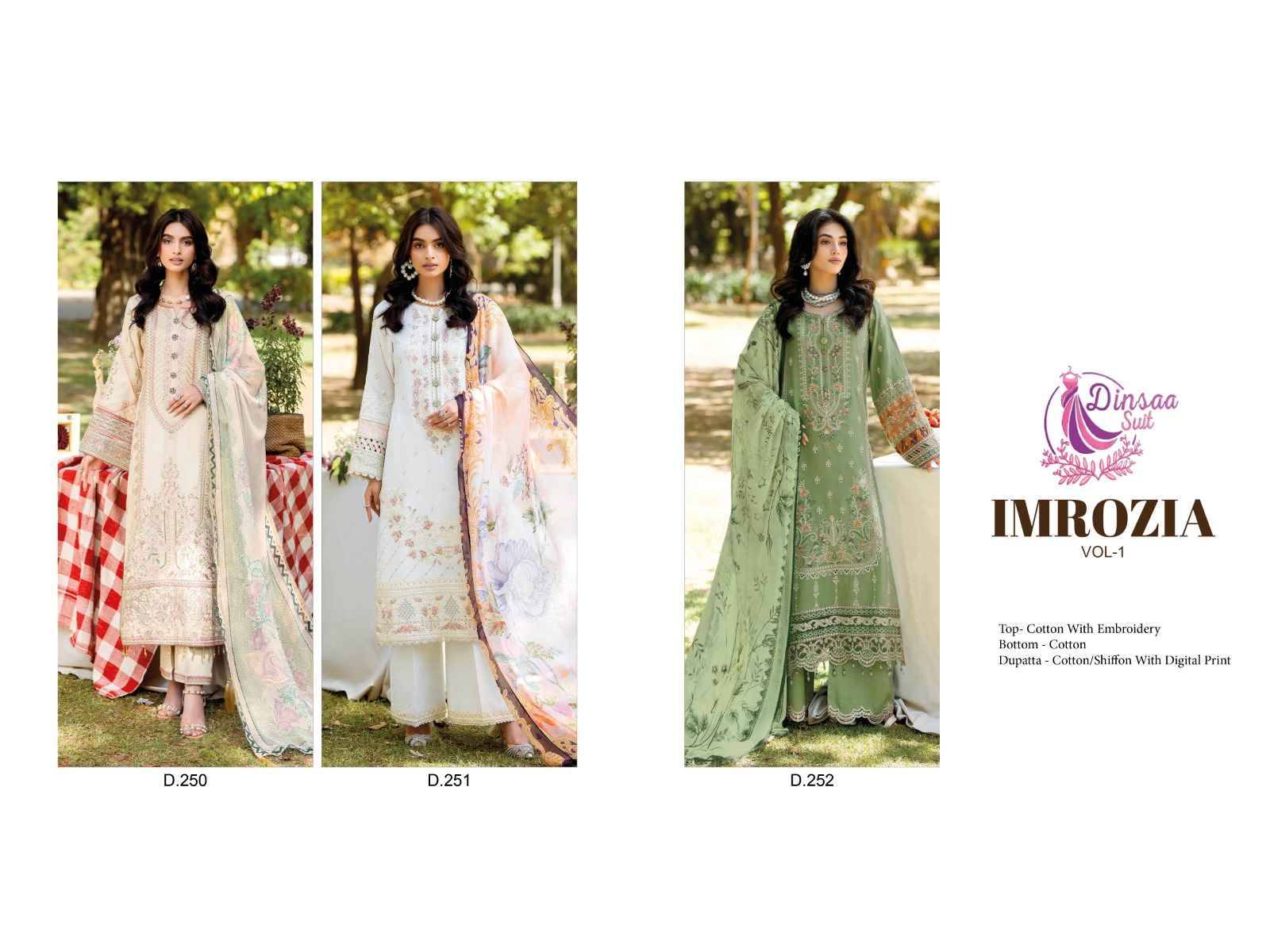 Imrozia Vol-1 By Dinsaa Suits 250 To 252 Series Beautiful Pakistani Suits Stylish Fancy Colorful Party Wear & Occasional Wear Cotton Embroidered Dresses At Wholesale Price