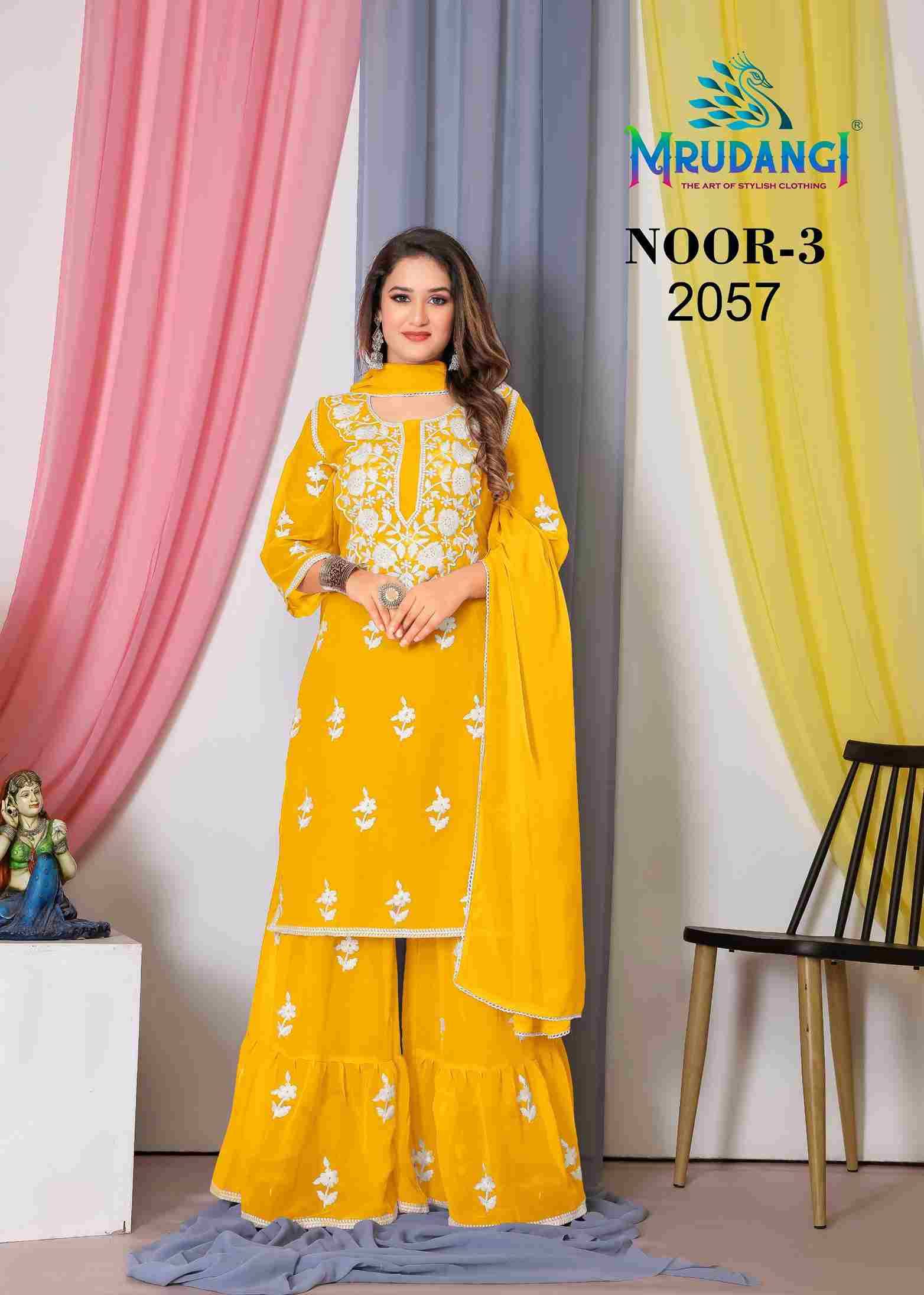 Noor Vol-3 By Mrudangi 2057 To 2060 Series Beautiful Sharara Suits Colorful Stylish Fancy Casual Wear & Ethnic Wear Georgette Embroidered Dresses At Wholesale Price