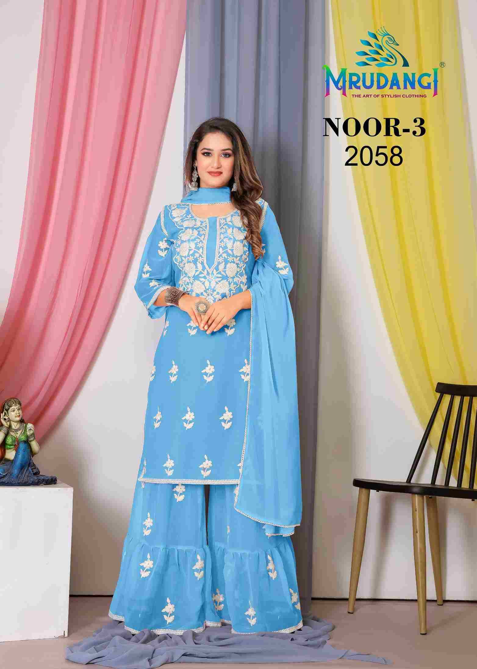 Noor Vol-3 By Mrudangi 2057 To 2060 Series Beautiful Sharara Suits Colorful Stylish Fancy Casual Wear & Ethnic Wear Georgette Embroidered Dresses At Wholesale Price