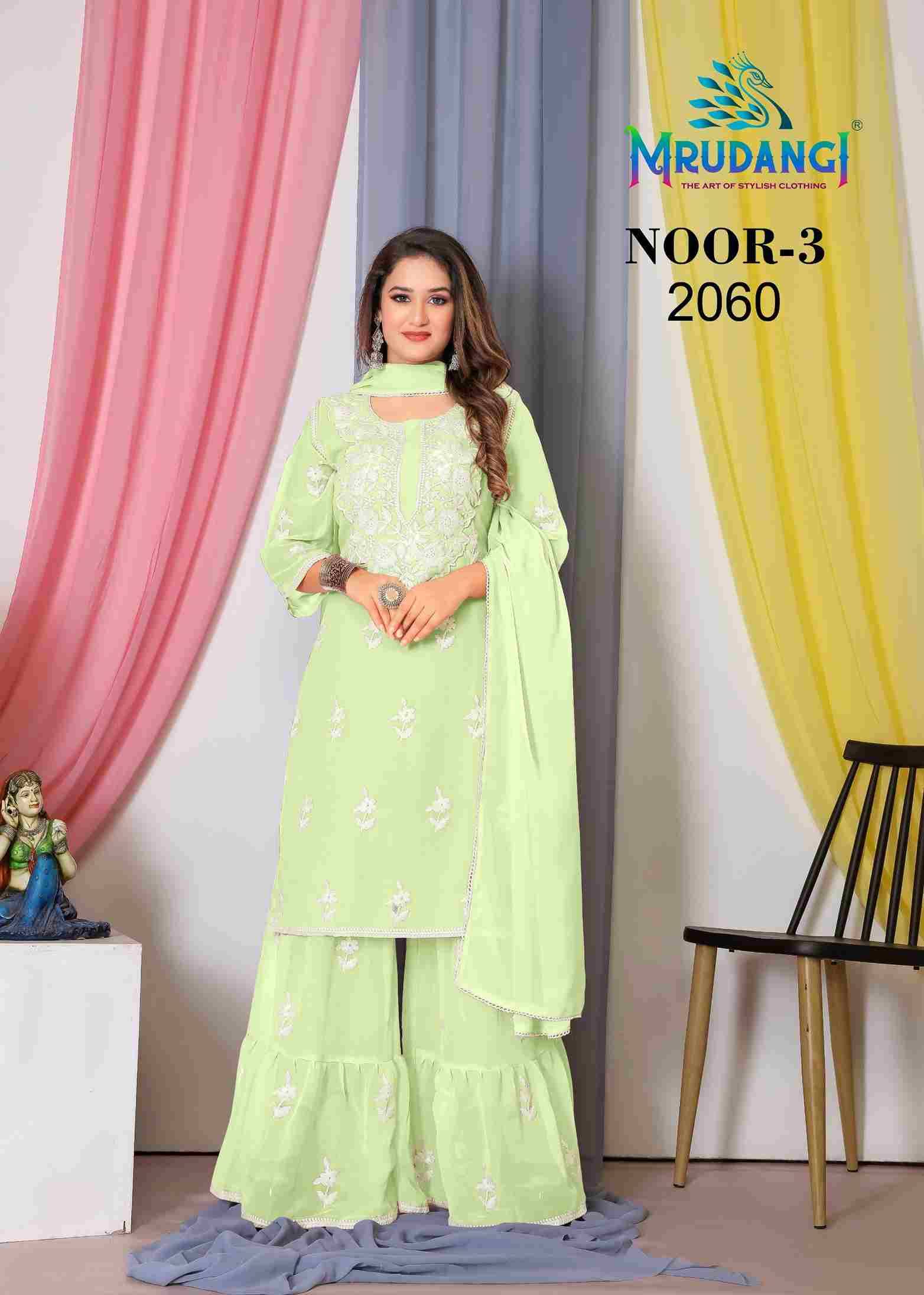 Noor Vol-3 By Mrudangi 2057 To 2060 Series Beautiful Sharara Suits Colorful Stylish Fancy Casual Wear & Ethnic Wear Georgette Embroidered Dresses At Wholesale Price