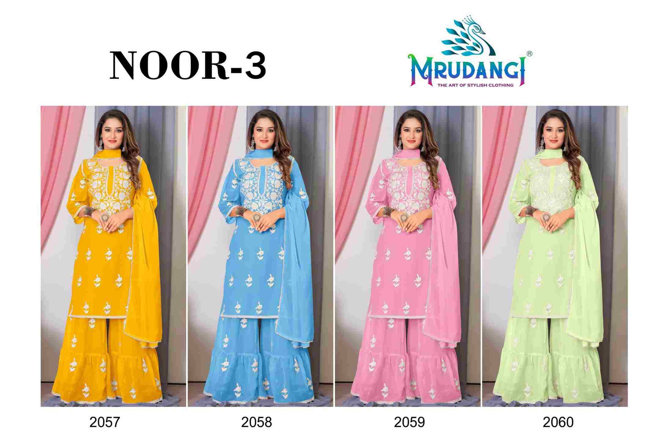 Noor Vol-3 By Mrudangi 2057 To 2060 Series Beautiful Sharara Suits Colorful Stylish Fancy Casual Wear & Ethnic Wear Georgette Embroidered Dresses At Wholesale Price