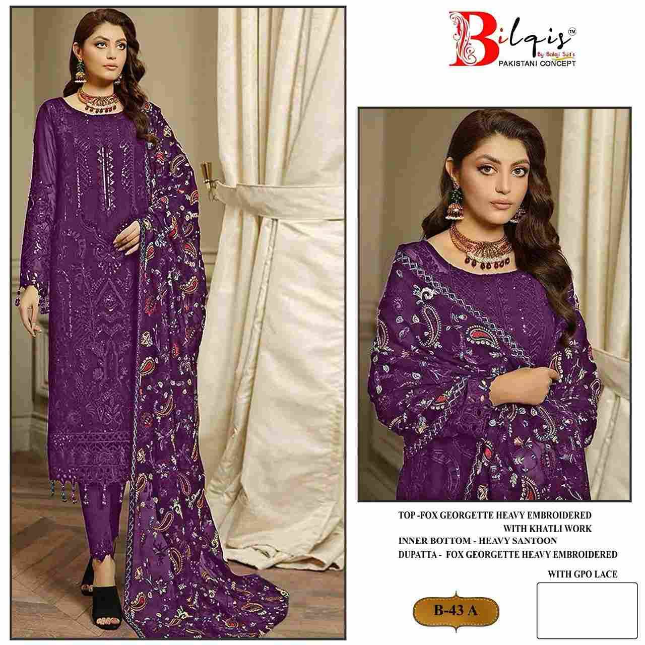 Bilqis 43 Colours By Bilqis 43-A To 43-D Series Beautiful Pakistani Suits Stylish Fancy Colorful Party Wear & Occasional Wear Faux Georgette Embroidery Dresses At Wholesale Price