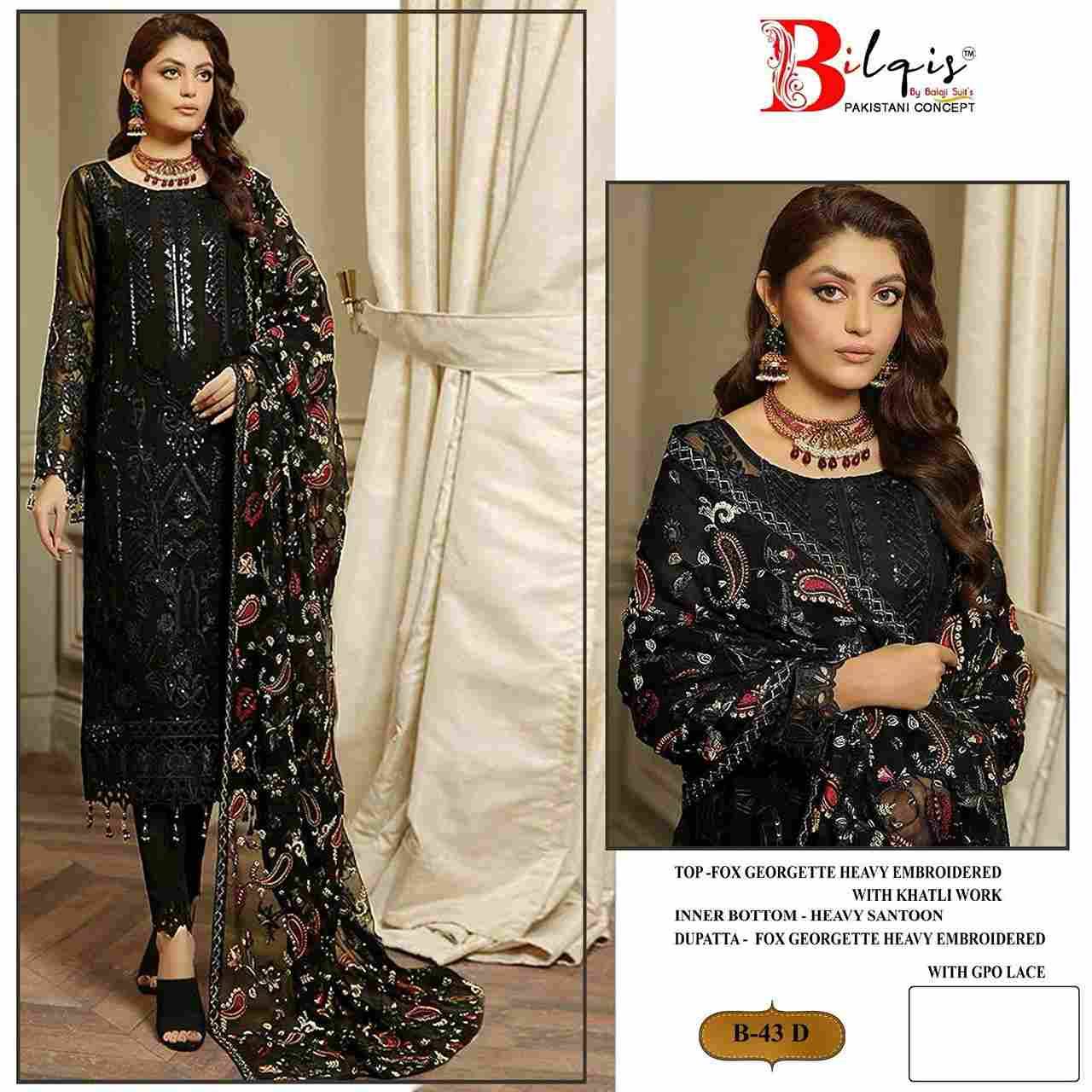 Bilqis 43 Colours By Bilqis 43-A To 43-D Series Beautiful Pakistani Suits Stylish Fancy Colorful Party Wear & Occasional Wear Faux Georgette Embroidery Dresses At Wholesale Price