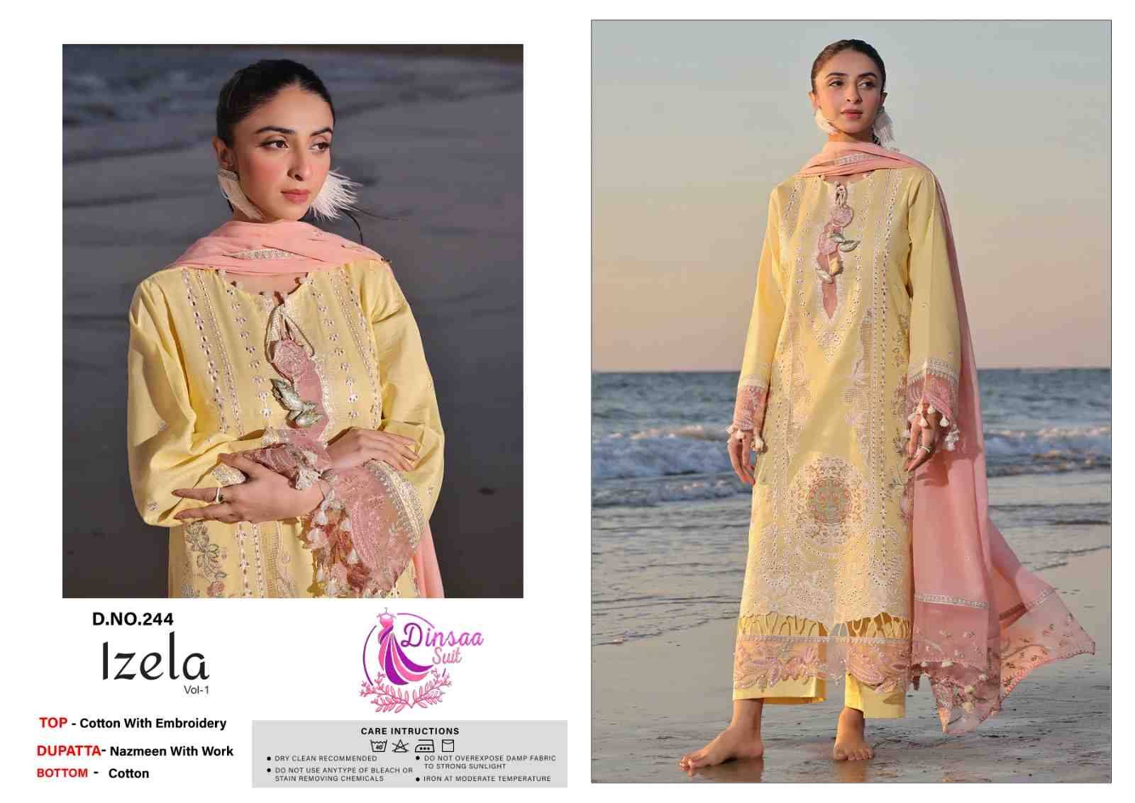 Izela Vol-1 By Dinsaa Suits 244 To 246 Series Beautiful Pakistani Suits Stylish Fancy Colorful Party Wear & Occasional Wear Cotton Embroidered Dresses At Wholesale Price