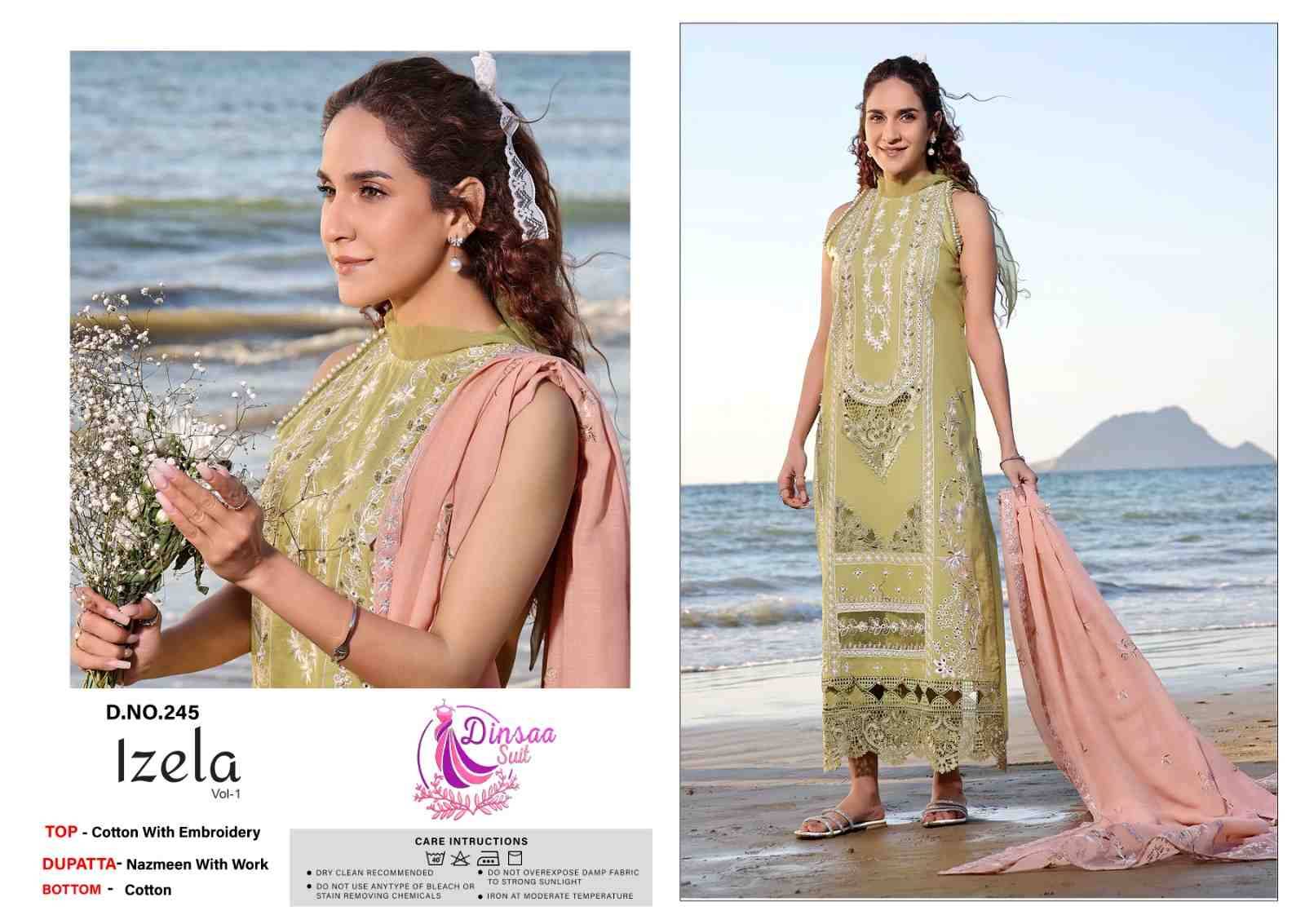 Izela Vol-1 By Dinsaa Suits 244 To 246 Series Beautiful Pakistani Suits Stylish Fancy Colorful Party Wear & Occasional Wear Cotton Embroidered Dresses At Wholesale Price