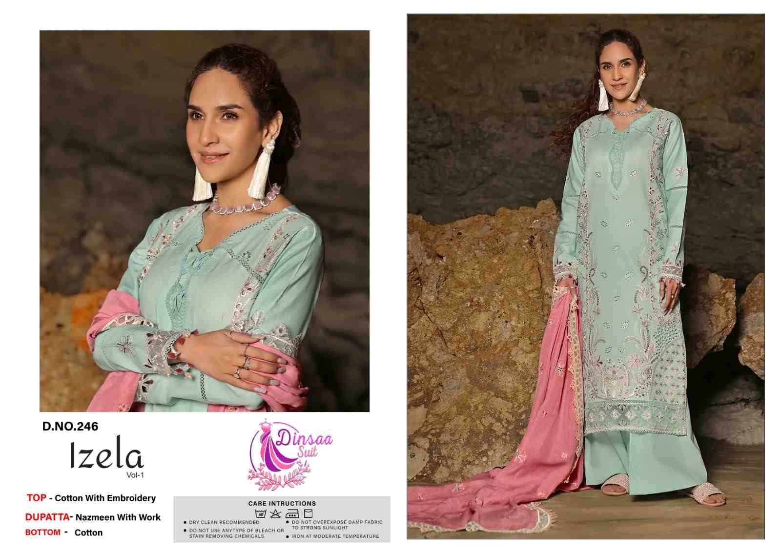 Izela Vol-1 By Dinsaa Suits 244 To 246 Series Beautiful Pakistani Suits Stylish Fancy Colorful Party Wear & Occasional Wear Cotton Embroidered Dresses At Wholesale Price