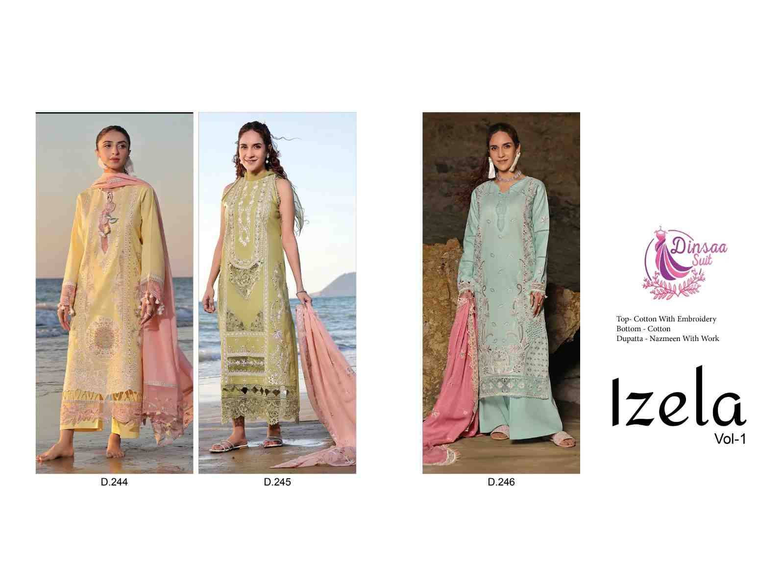 Izela Vol-1 By Dinsaa Suits 244 To 246 Series Beautiful Pakistani Suits Stylish Fancy Colorful Party Wear & Occasional Wear Cotton Embroidered Dresses At Wholesale Price