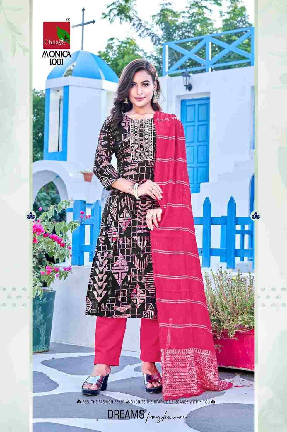 Monica By Chhaya 1001 To 1006 Series Designer Festive Suits Collection Beautiful Stylish Fancy Colorful Party Wear & Occasional Wear Viscose Rayon Print Dresses At Wholesale Price