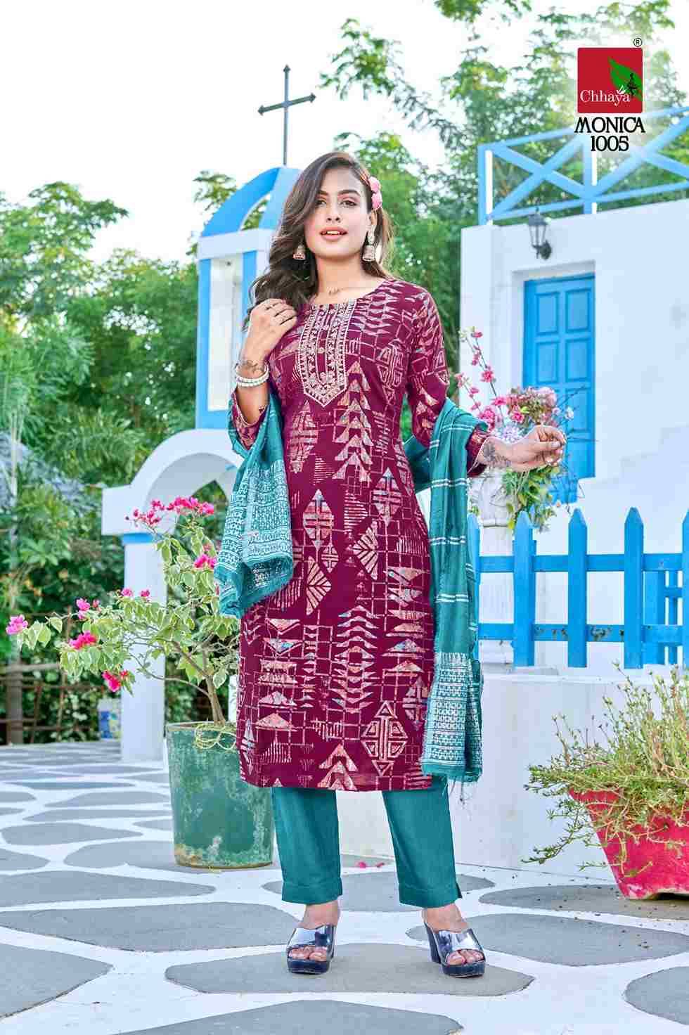 Monica By Chhaya 1001 To 1006 Series Designer Festive Suits Collection Beautiful Stylish Fancy Colorful Party Wear & Occasional Wear Viscose Rayon Print Dresses At Wholesale Price