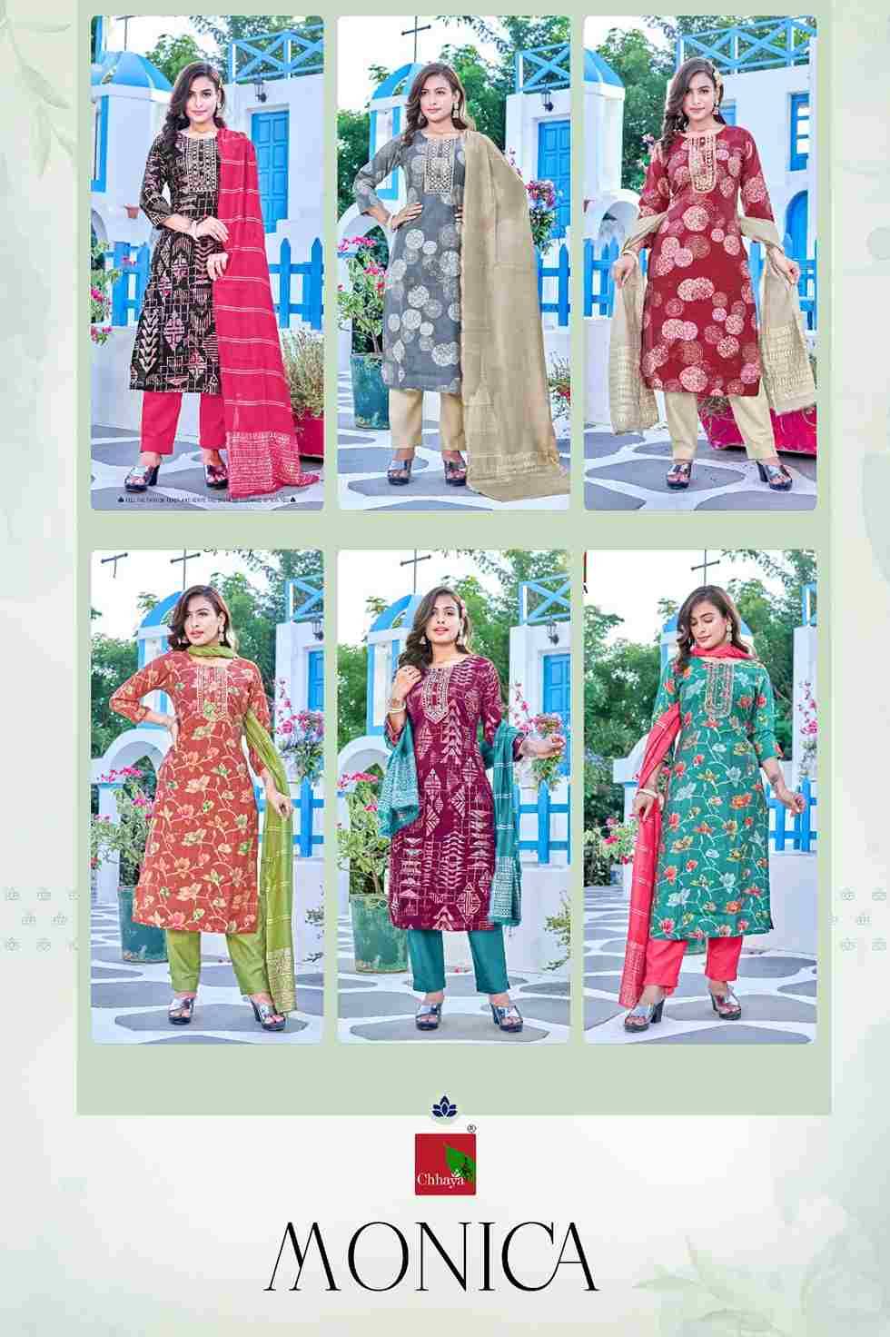 Monica By Chhaya 1001 To 1006 Series Designer Festive Suits Collection Beautiful Stylish Fancy Colorful Party Wear & Occasional Wear Viscose Rayon Print Dresses At Wholesale Price