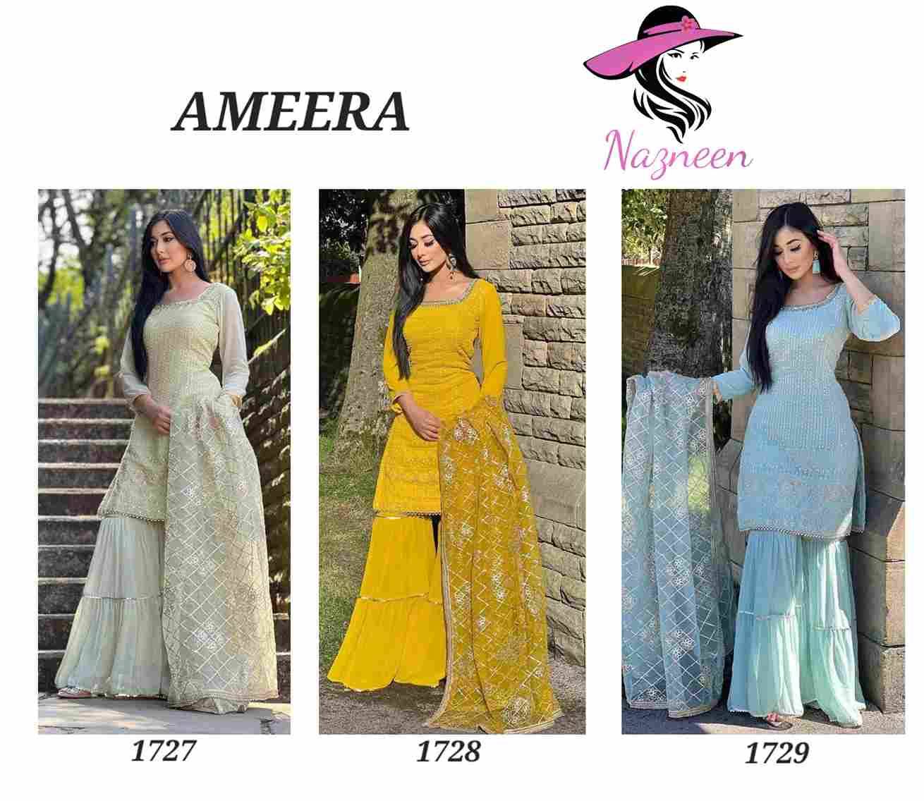 Ameena By Nazneen 1727 To 1729 Series Beautiful Sharara Suits Colorful Stylish Fancy Casual Wear & Ethnic Wear Faux Georgette Embroidered Dresses At Wholesale Price