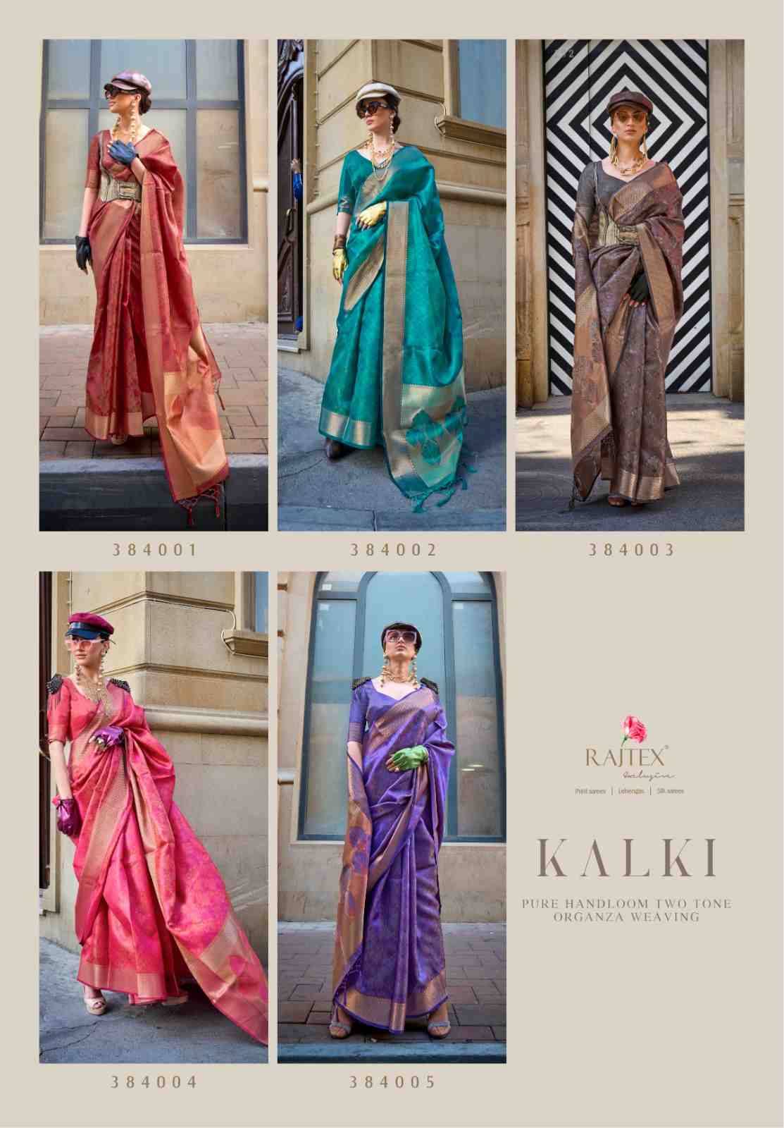 Kalki By Raj Tex 384001 To 384005 Series Indian Traditional Wear Collection Beautiful Stylish Fancy Colorful Party Wear & Occasional Wear Organza Silk Sarees At Wholesale Price