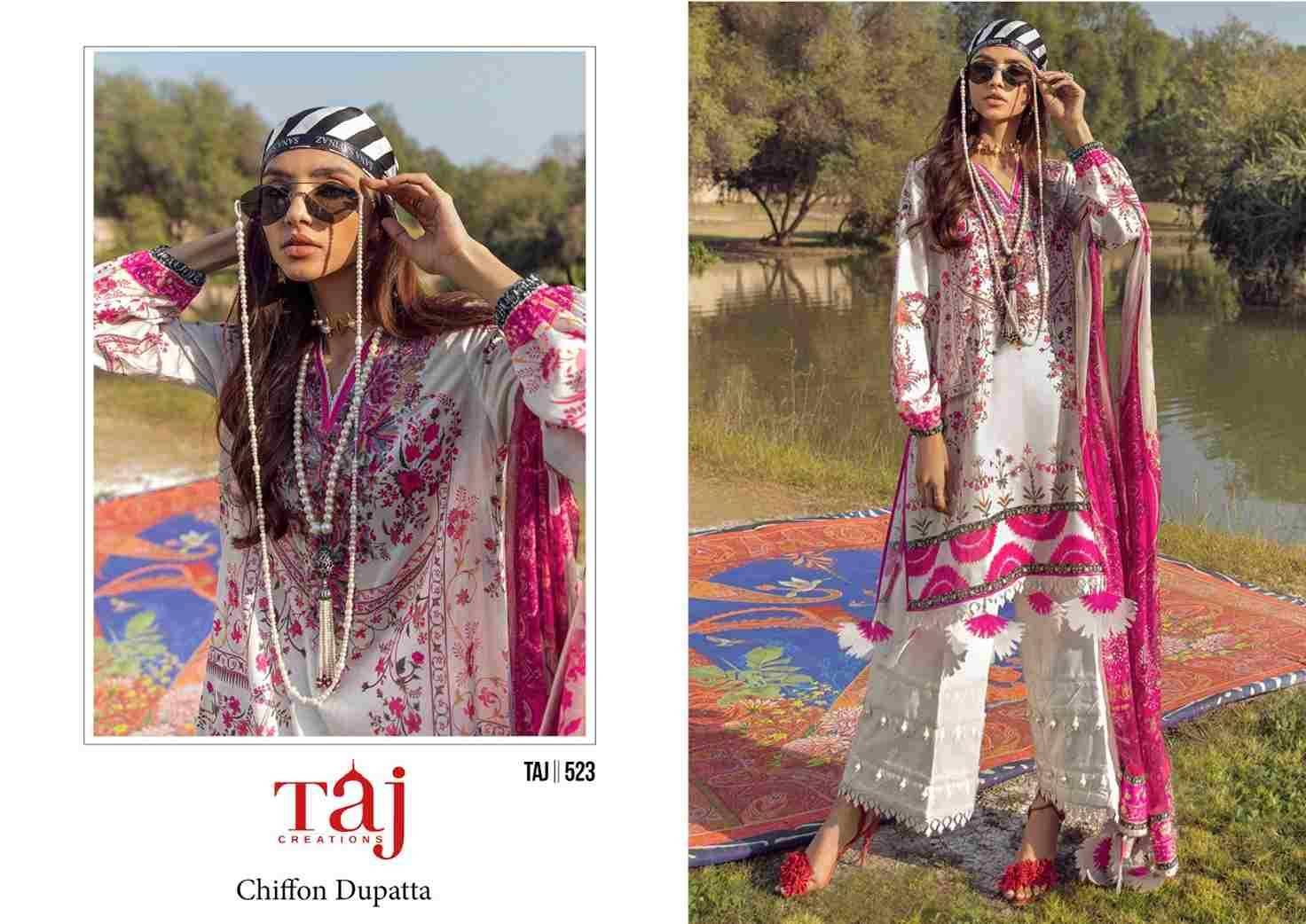 Taj 523 Series By Taj Creation 523 To 524 Series Beautiful Pakistani Suits Colorful Stylish Fancy Casual Wear & Ethnic Wear Pure Cotton With Embroidered Dresses At Wholesale Price