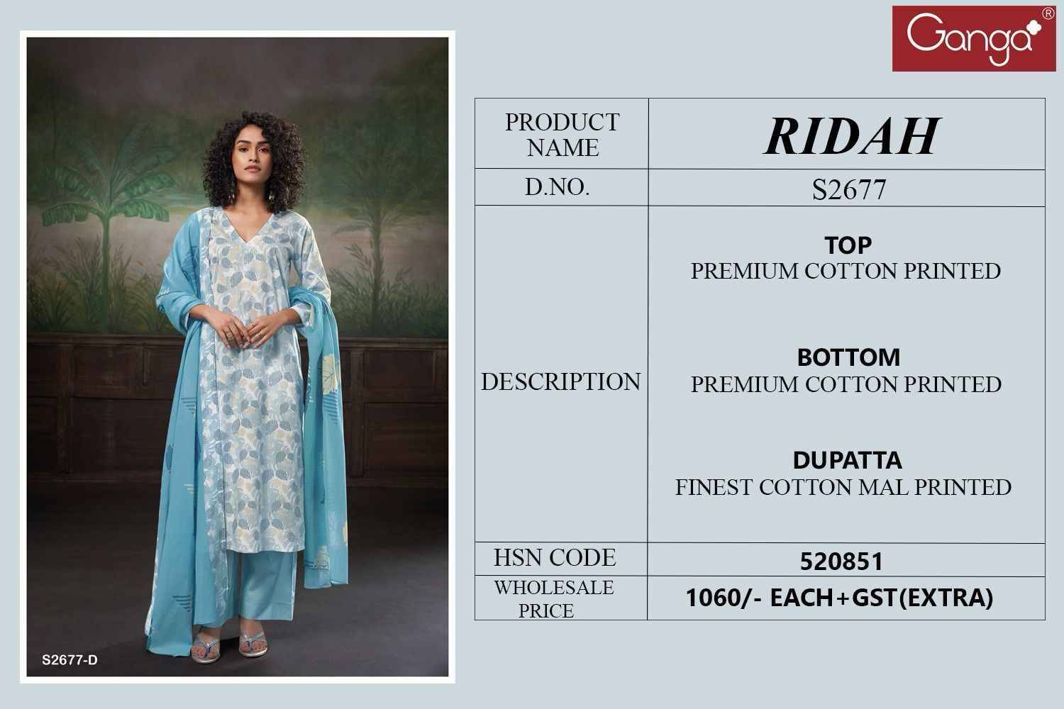 Ridah-2677 By Ganga Fashion 2677-A To 2677-D Series Designer Festive Suits Beautiful Fancy Colorful Stylish Party Wear & Occasional Wear Pure Cotton Dresses At Wholesale Price